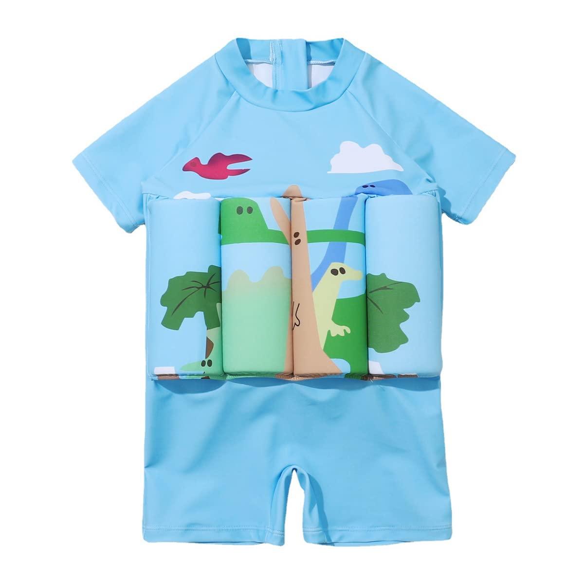 IDOPIP Kids Baby Boy Girl Float Suit with Adjustable Buoyancy Floatation Swimsuit Floating Swimwear Bathing Suit Toddler Float Swim Vest with 8 Removable Buoyancy Stick Blue Dinosaur + Cloud 2-3 Years