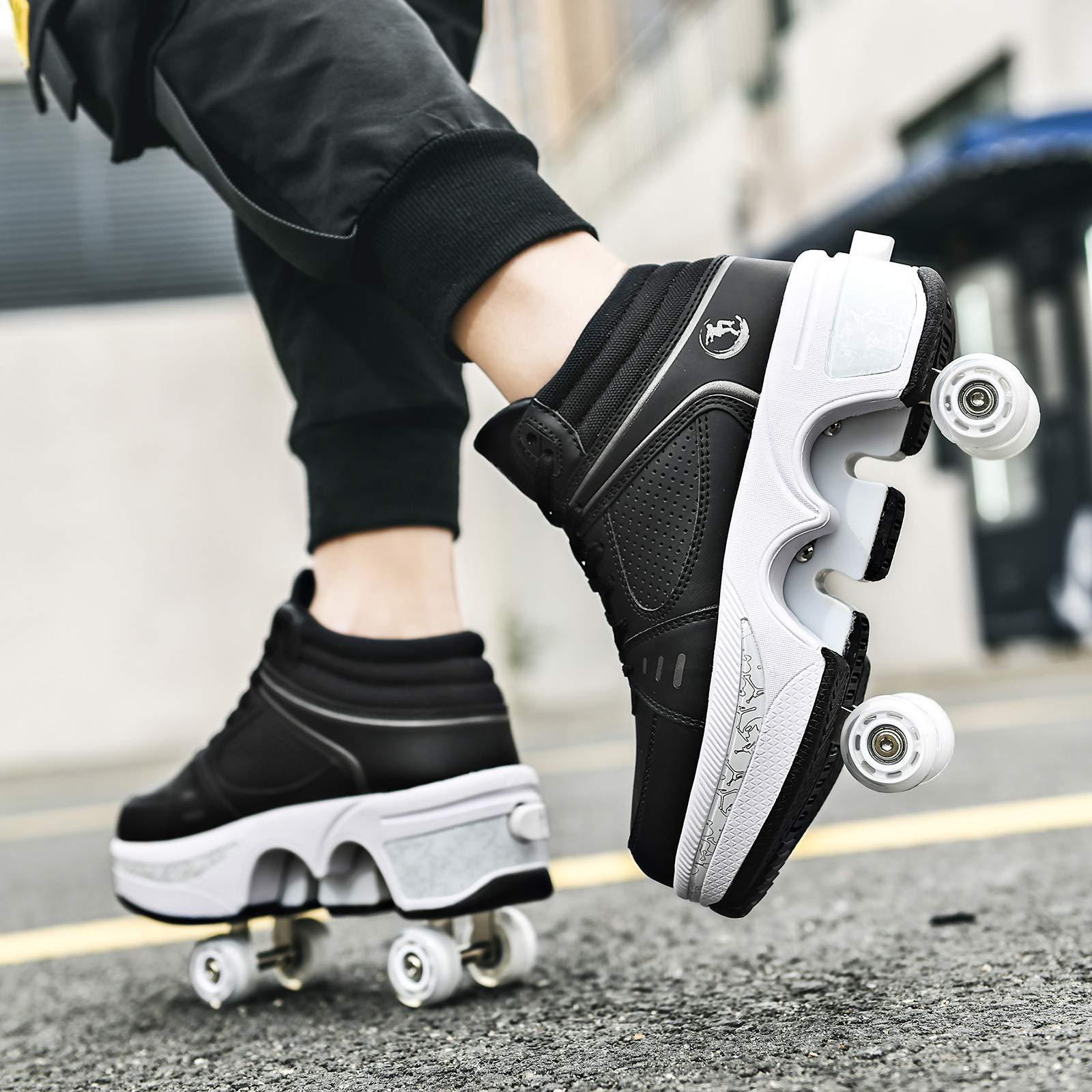 Wedsf Double-Row Deform Wheel Automatic Walking Shoes Invisible Deformation Roller Skate 2 in 1 Removable Pulley Skates Skating Parkour (Black high, US9)