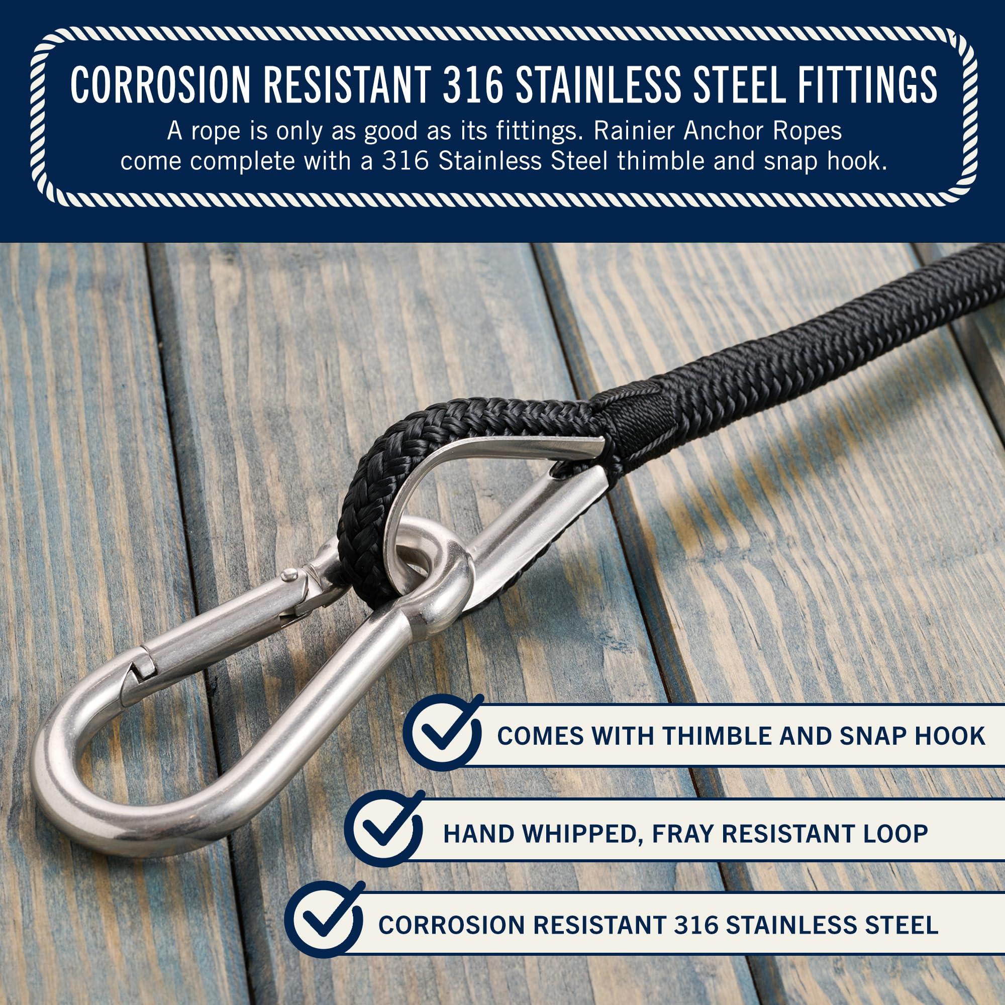 Rainier Supply Co Rainier Supply Co. Boat Anchor Line - 100 ft x 3/8 inch Anchor Rope - Double Braided Nylon Anchor Boat Rope with 316SS Thimble and Heavy Duty Marine Grade Snap Hook - Black