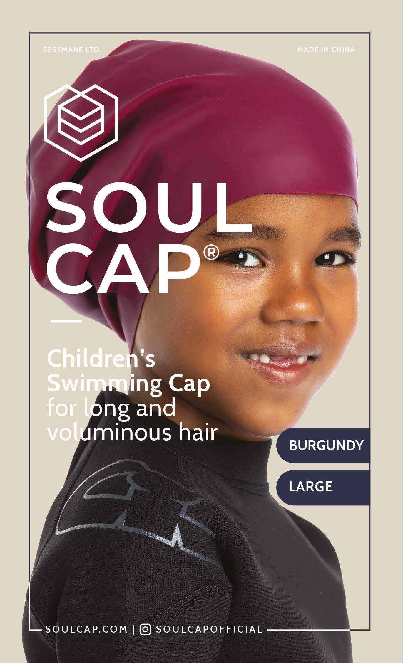 SOUL CAP SOUL CAP JR - Large Swimming Cap for Children - Designed for Long Hair, Dreadlocks, Weaves, Hair Extensions, Braids, Curls & Afros - Silicone (Large, Burgundy)