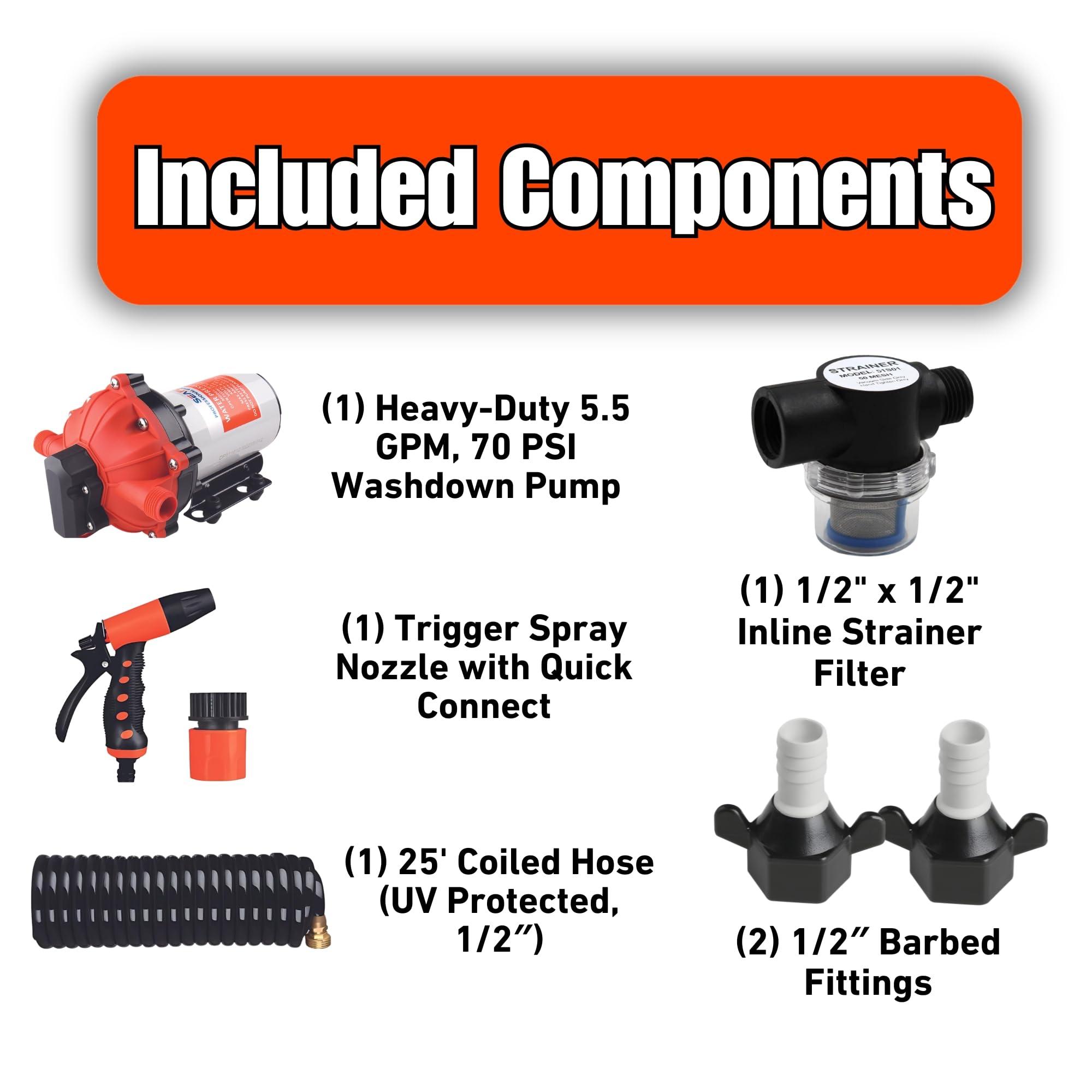 SEAFLO SEAFLO 55-Series Washdown Pump Kit - 12V DC, 5.5 GPM, 70 PSI, Self-Priming, Coiled Hose, Spray Nozzle, High Flow for RV, Boat, Off-Grid, Freshwater, and Saltwater Applications 4-Year Warranty