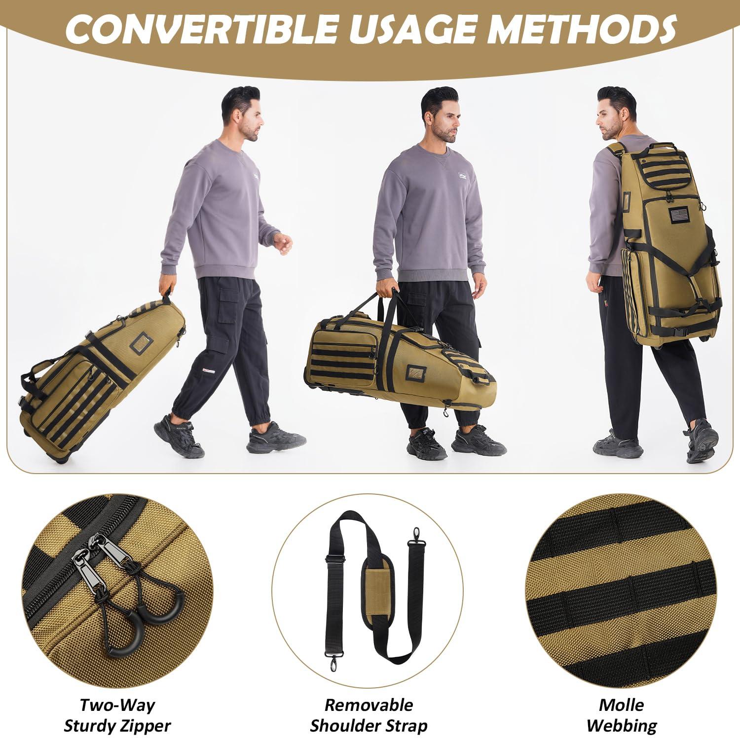 SunForMorning SunForMorning Large Catcher Gear Bag with Wheels Rolling Baseball Catcher Bag Tactical Style for 4 Bats with Multiple Pockets & Fence Hook, Brown