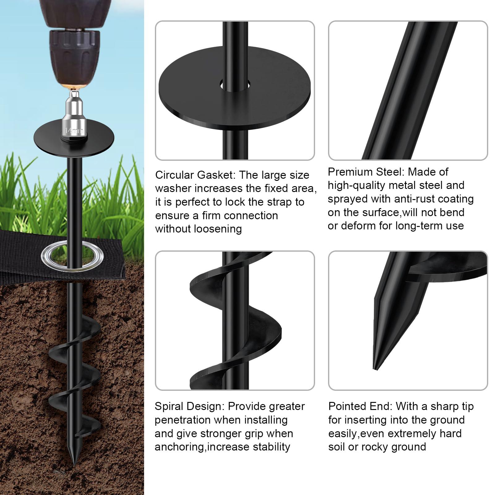 Eurmax Eurmax USA Ground Anchors Screw in Trampoline Anchors High Wind Tent Stakes Heavy Duty Ground Stakes Trampoline Stakes Anchor Kit Set of 4 Bonus 4 Strong Belt (Black)