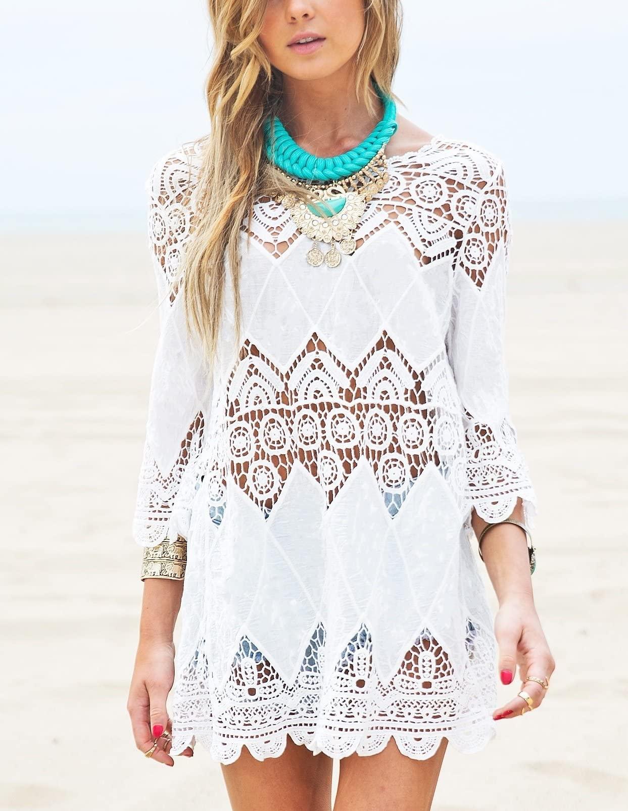 Jeasona Women's Bathing Suit Cover Up Lace Crochet Tunic Bikini Beach Dress (M, White)