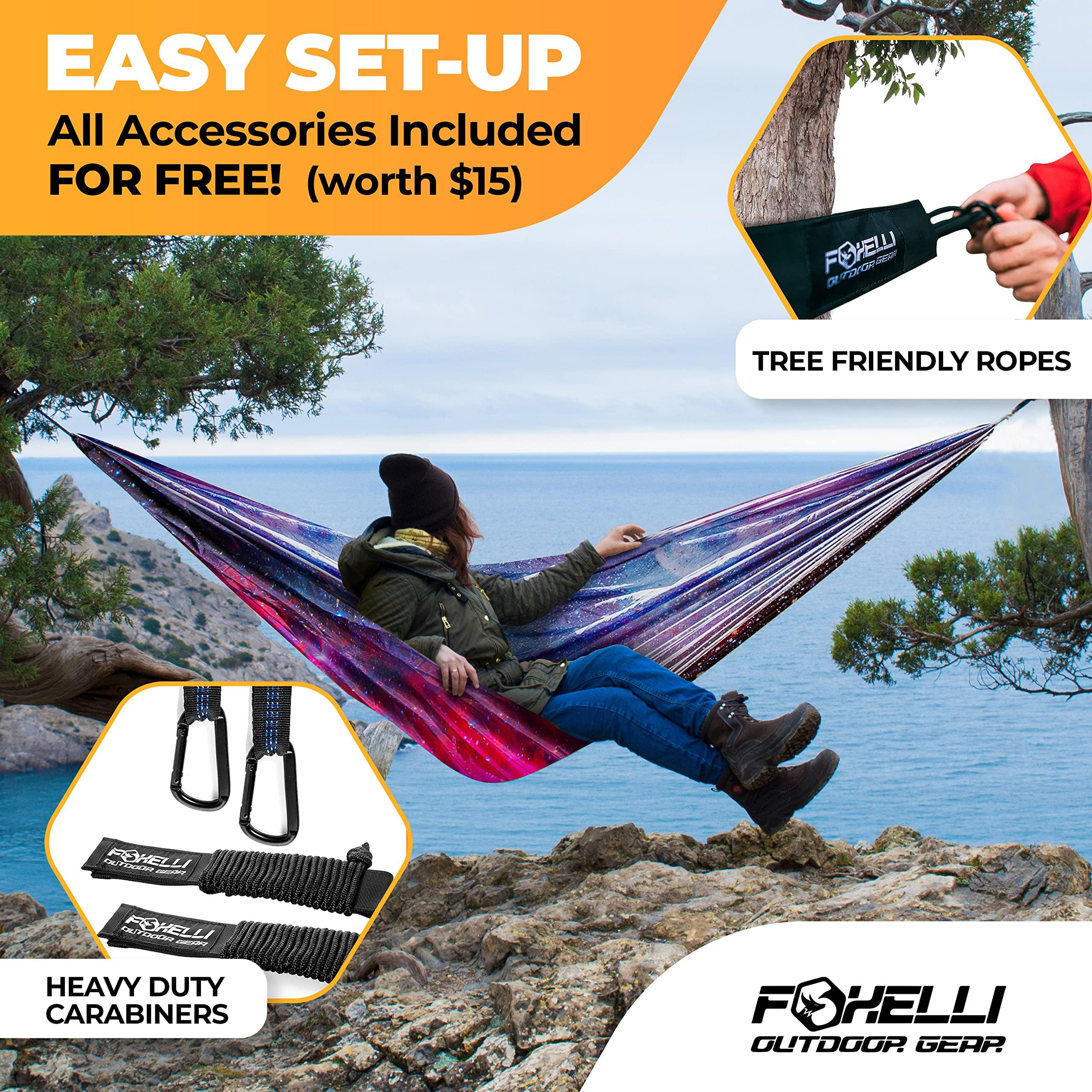 Foxelli Foxelli Camping Hammock Bundle of 2 Lightweight Parachute Nylon Portable Hammocks with Tree Ropes and Carabiners
