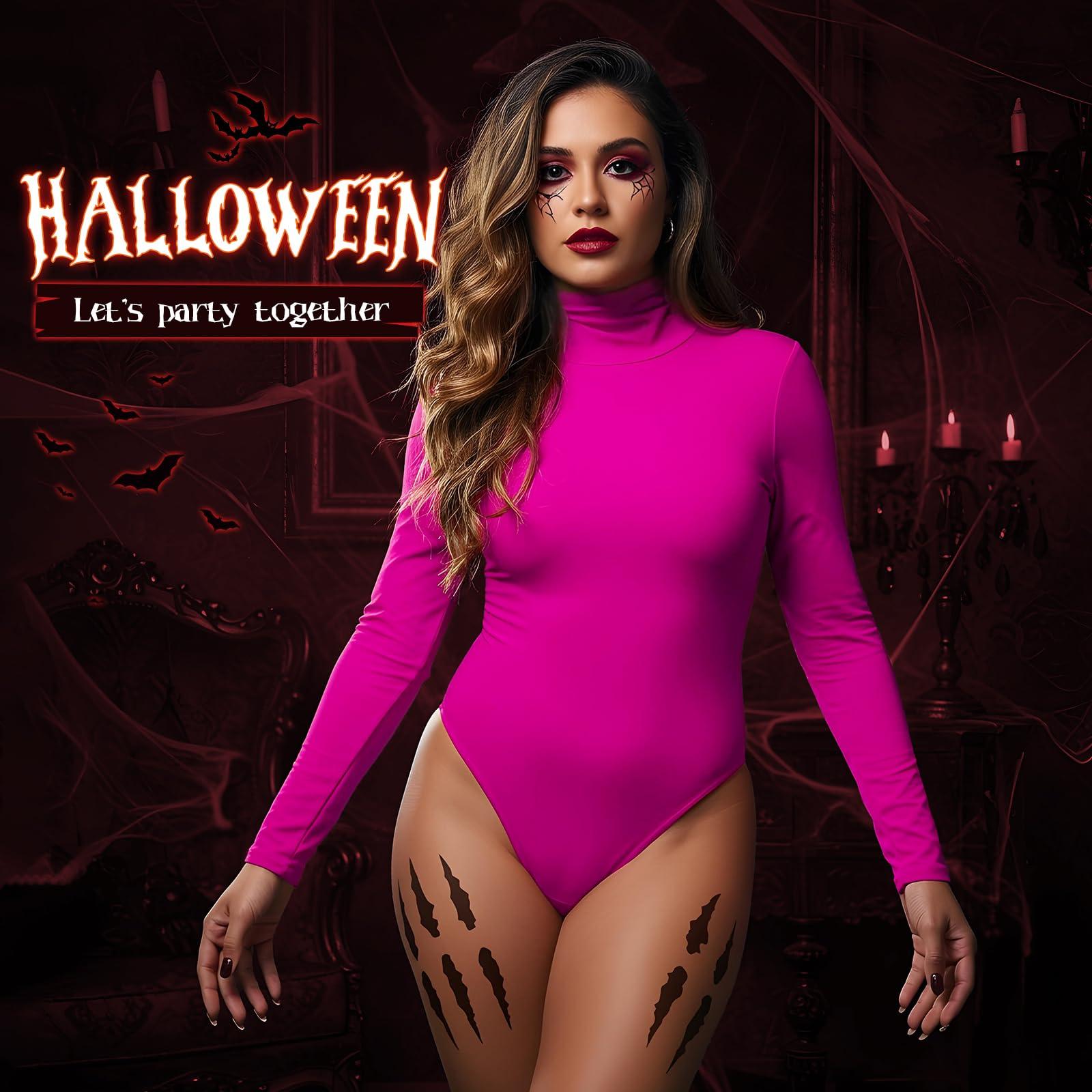 American Trends Hot Pink Bodysuit for Women Pink Long Sleeve leotard Neon Pink Turtleneck Leotards Neon Mock Turtle Neck Body Suit Shapewear Tops Rose Red S