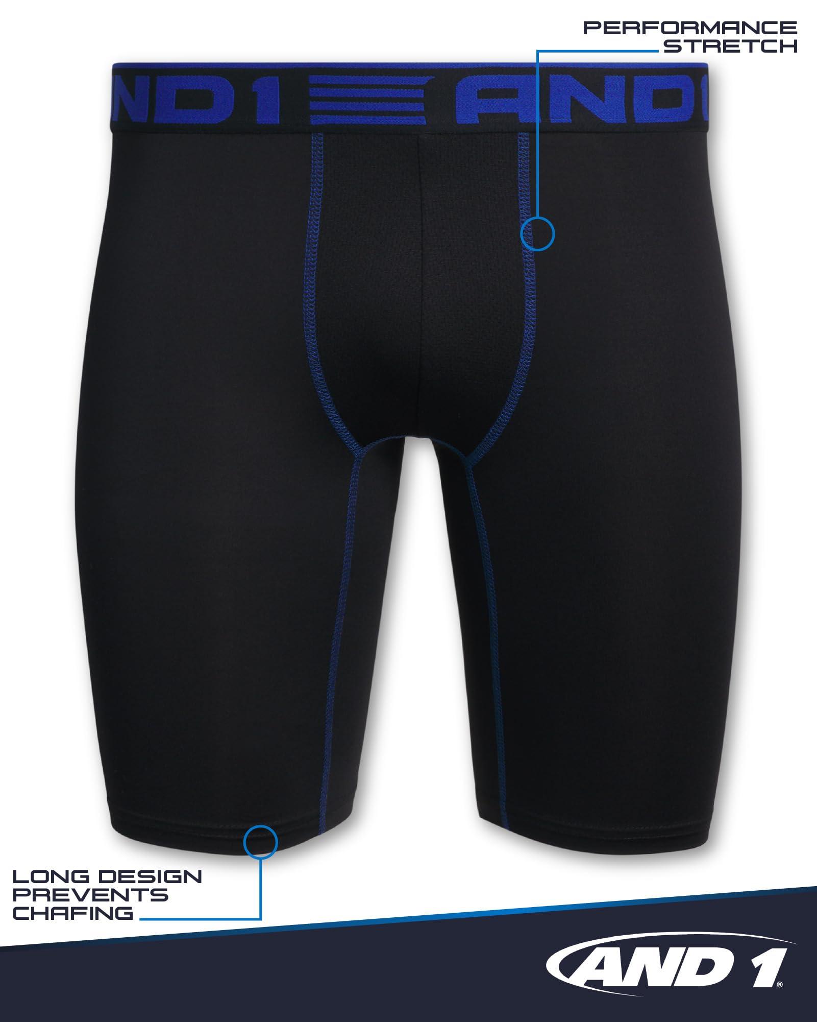 AND1 AND1 Mens Boxer Briefs - 6 Pack Stretch Long Leg Compression Underwear with Mesh Contour Pouch - Supportive Fit for Everyday Wear, Medium, Blue/Grey/Black