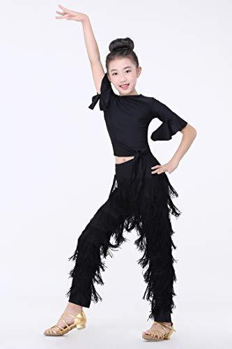 JEZISYMA JEZISYMA Girls\' Practice Performance Christmas Party Tassel Fringed Ballroom Latin Tango Salsa Dance Pants (Black, XS)