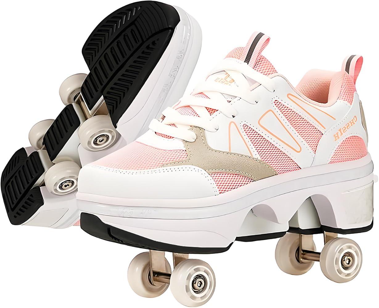 CHSSIH Roller Skate Shoes for Girls, Kids, Women & Adults Retractable Shoes with Wheels | Pop-Out High Roller Skating Shoes That Turn Into Sneaker Skates - Pink, 7