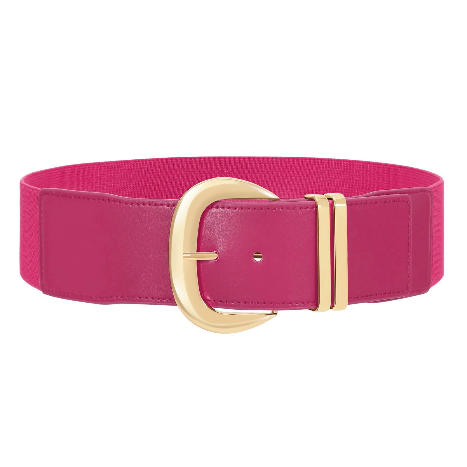 WHIPPY WHIPPY Women Wide Elastic Waist Belt for Dresses Fashion Gold Buckle Stretchy Leather Waistband for Ladies, Rose Red, Fits Waist 38"-45"