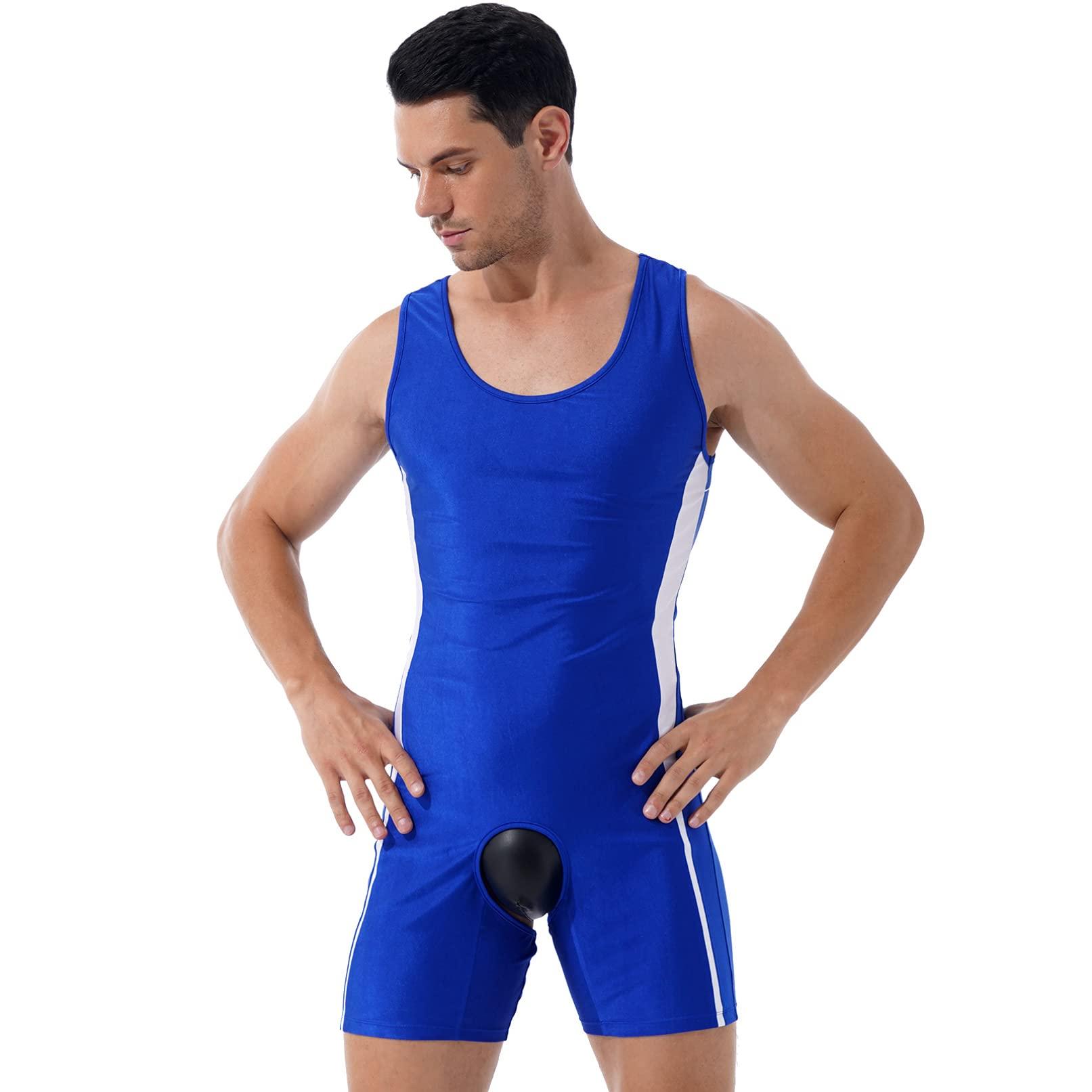 Linjinx Linjinx Men\'s Spandex Slim Fit Open Crotchless Wrestling Singlets Leotard Underwear Jumpsuits Blue Large