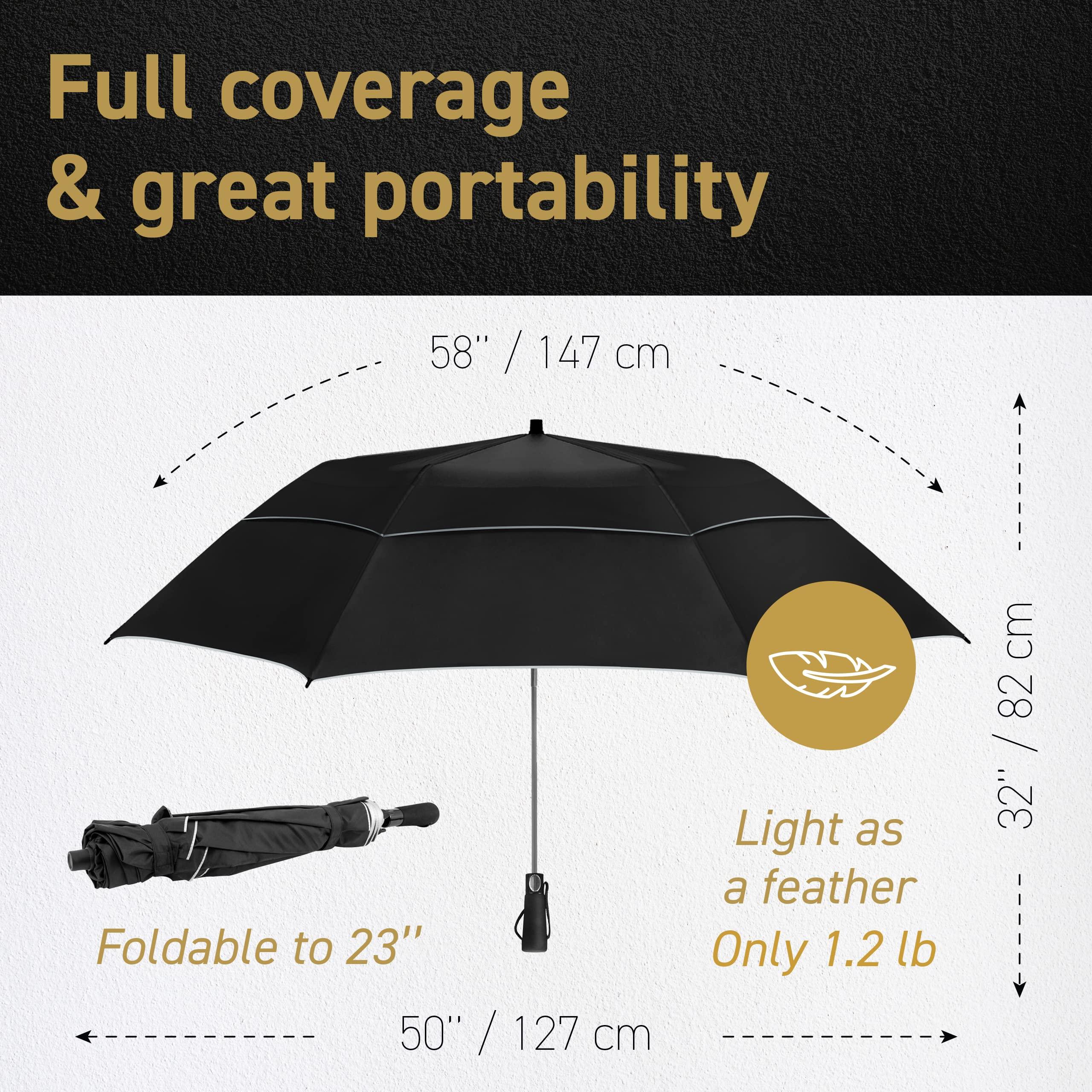 EEZ-Y EEZ-Y Golf Umbrella - 58 Inch Windproof Rain Umbrellas w/Double Canopy - Compact, Portable & Break Resistant for Travel Black