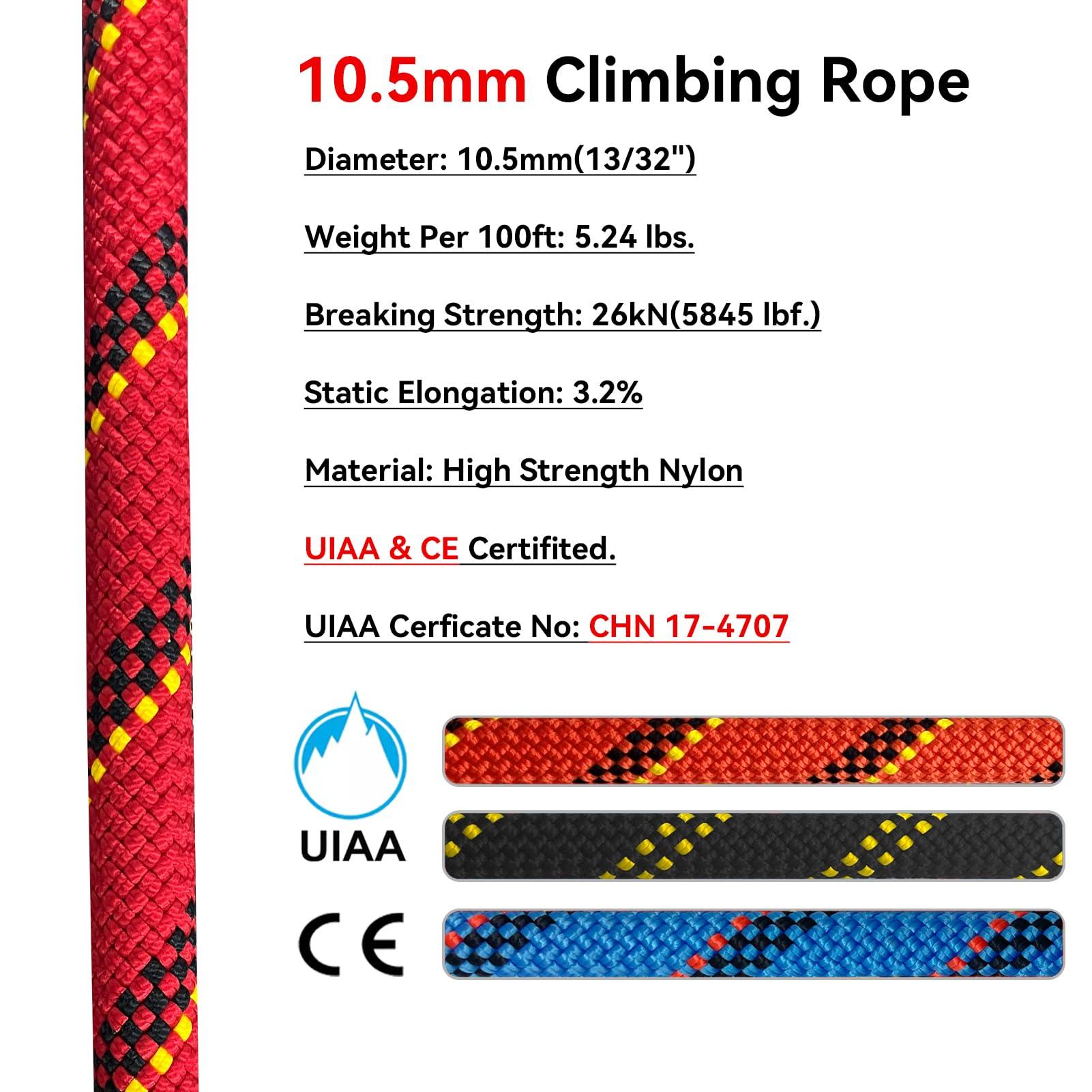 BlazeBeam BlazeBeam Static Climbing Rope 10.5mm UIAA Static Line Rappelling Rope 45M (150ft) Nylon Kern Mantle Rope for Escape Rope Rock Climbing, Mountain Tree Climbing, Hauling, Rescue