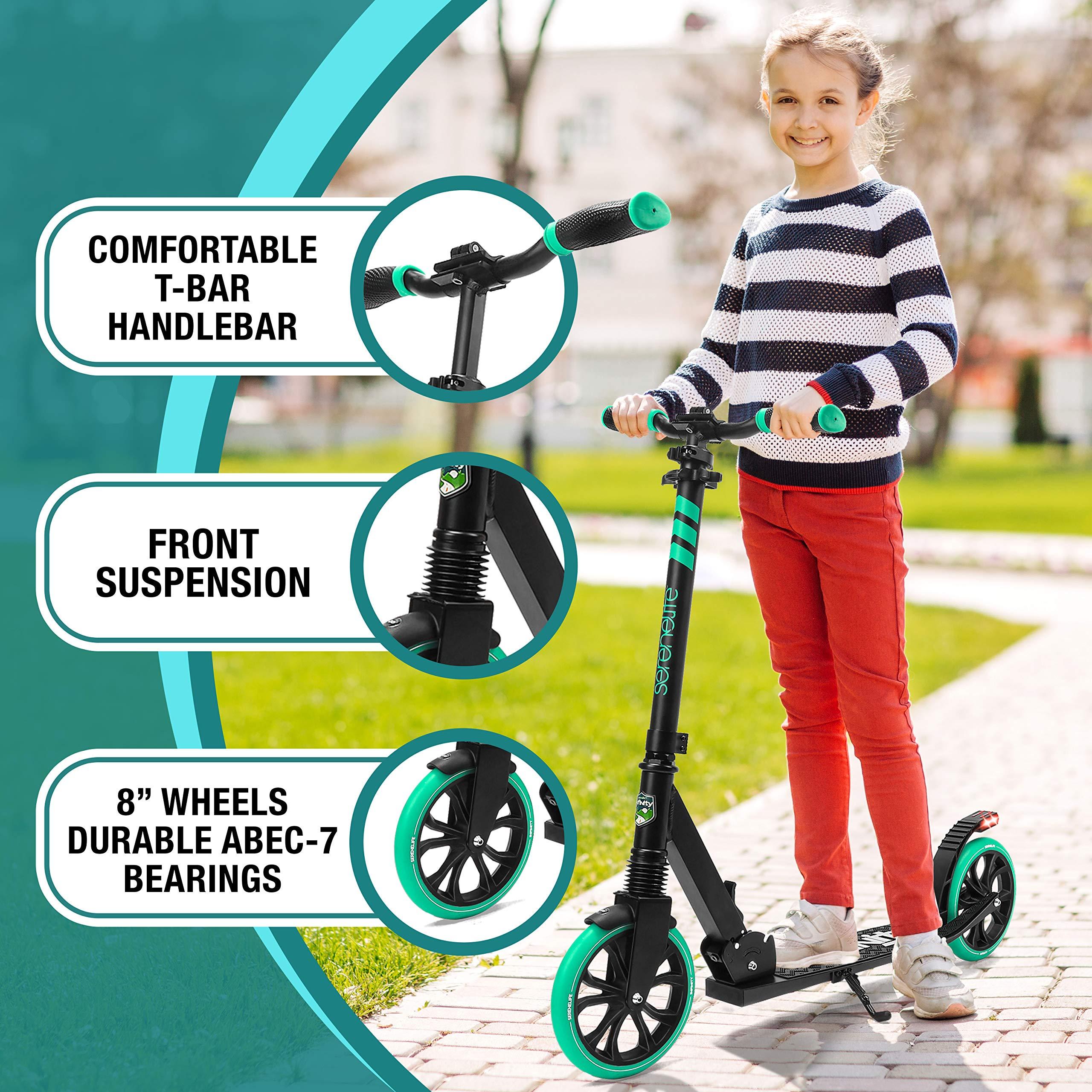 SereneLife SereneLife Lightweight and Foldable Kick Scooter Comfortable T-Bar Handlebar, Adjustable Scooter for Teens and Adult, Alloy Deck with High Impact Wheels, Durable ABEC-7 Bearings Aqua on Black SLTS02