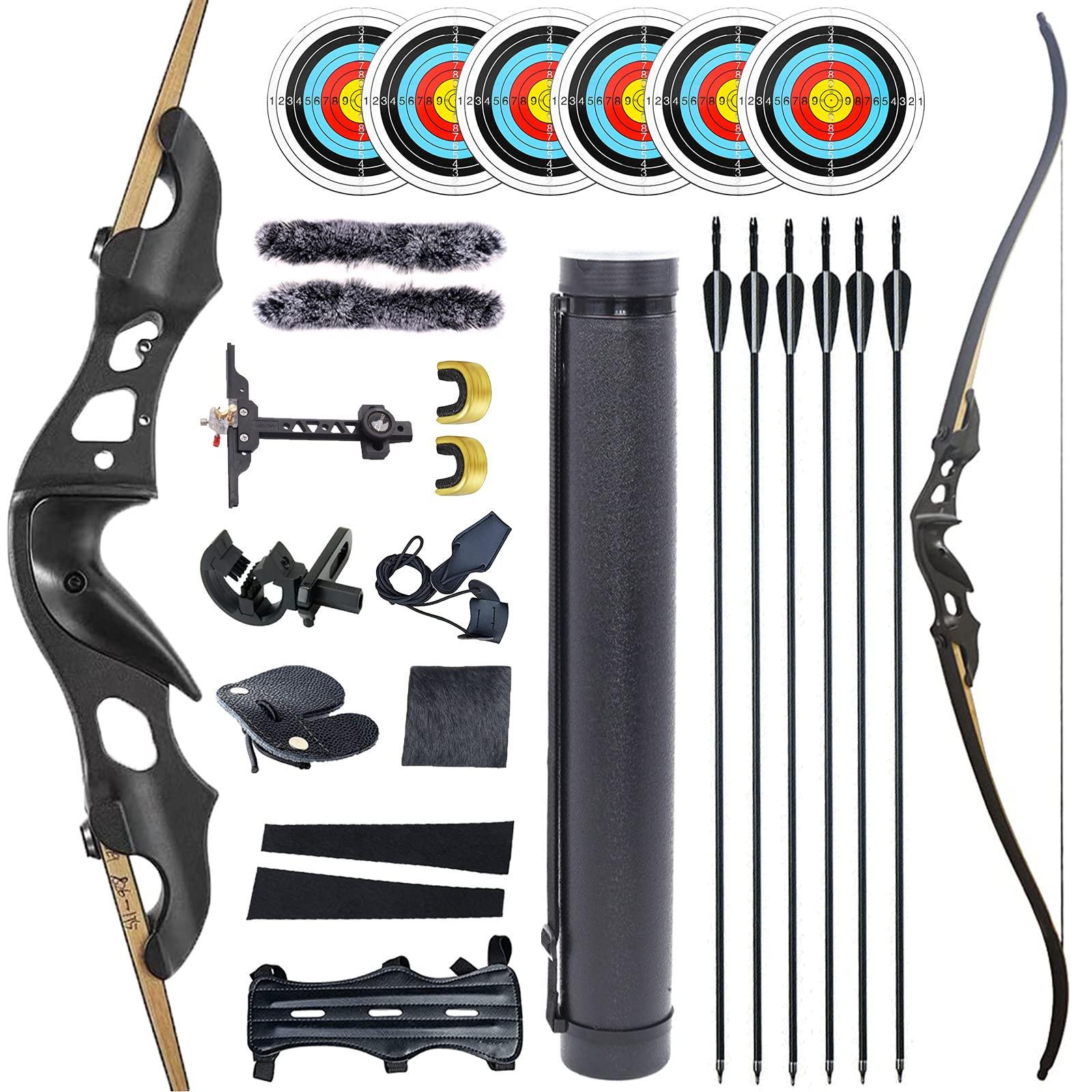 OBTOUTDOOR Black Hunter Recurve Bows Hunting Bow and Arrow for Adults Archery Bow 60\" 20-55 lbs Right Hand Aluminium Alloy Riser with Carbon Arrows Arrow Quiver for Shooting Competition (55 lbs)