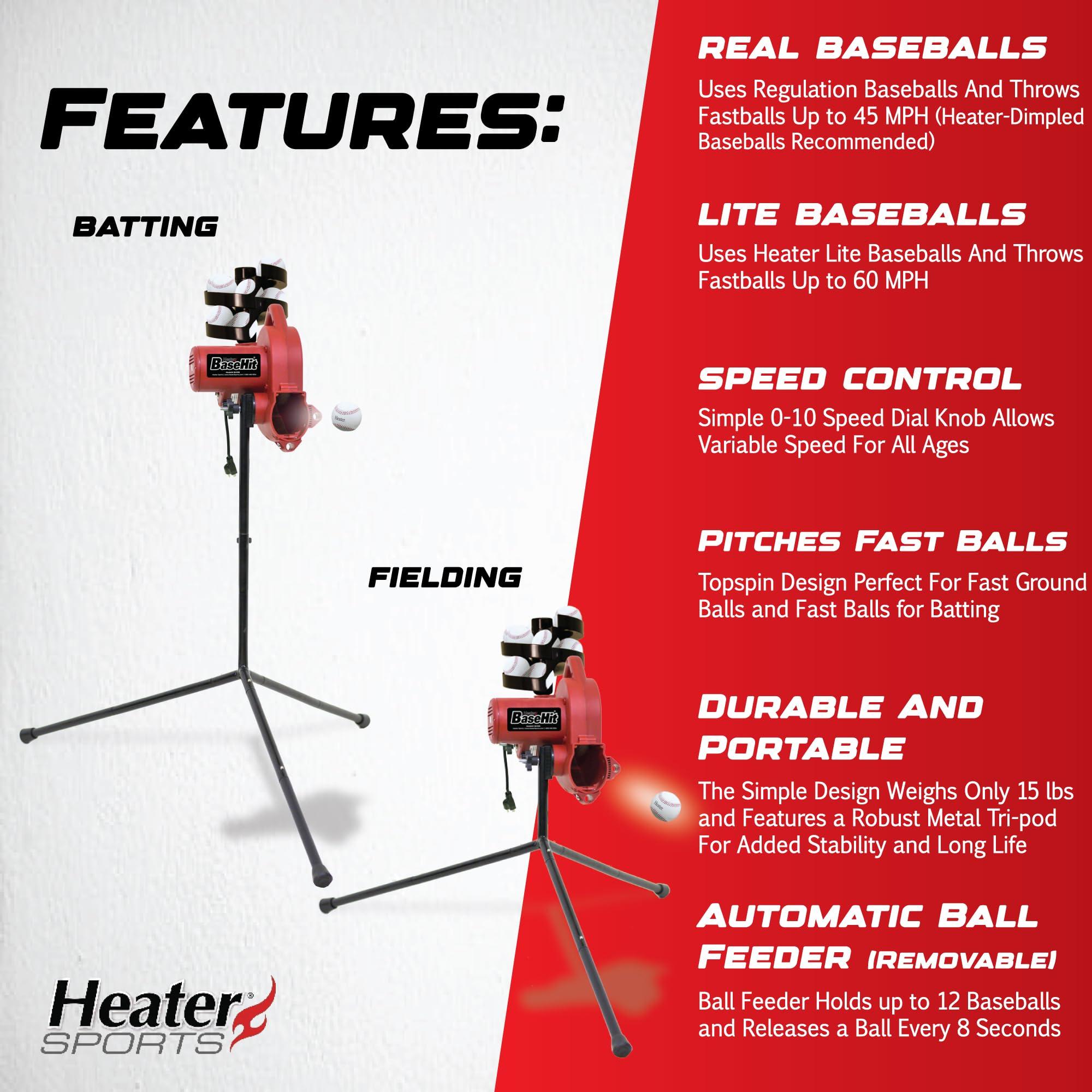 Heater Heater Sports Base Hit Lite Adjustable Baseball Pitching Machine 45 MPH Pitching Speed, Includes Automatic Ball Feeder, Extremely Accurate | Perfect for Hitting and Fielding Training for All Ages