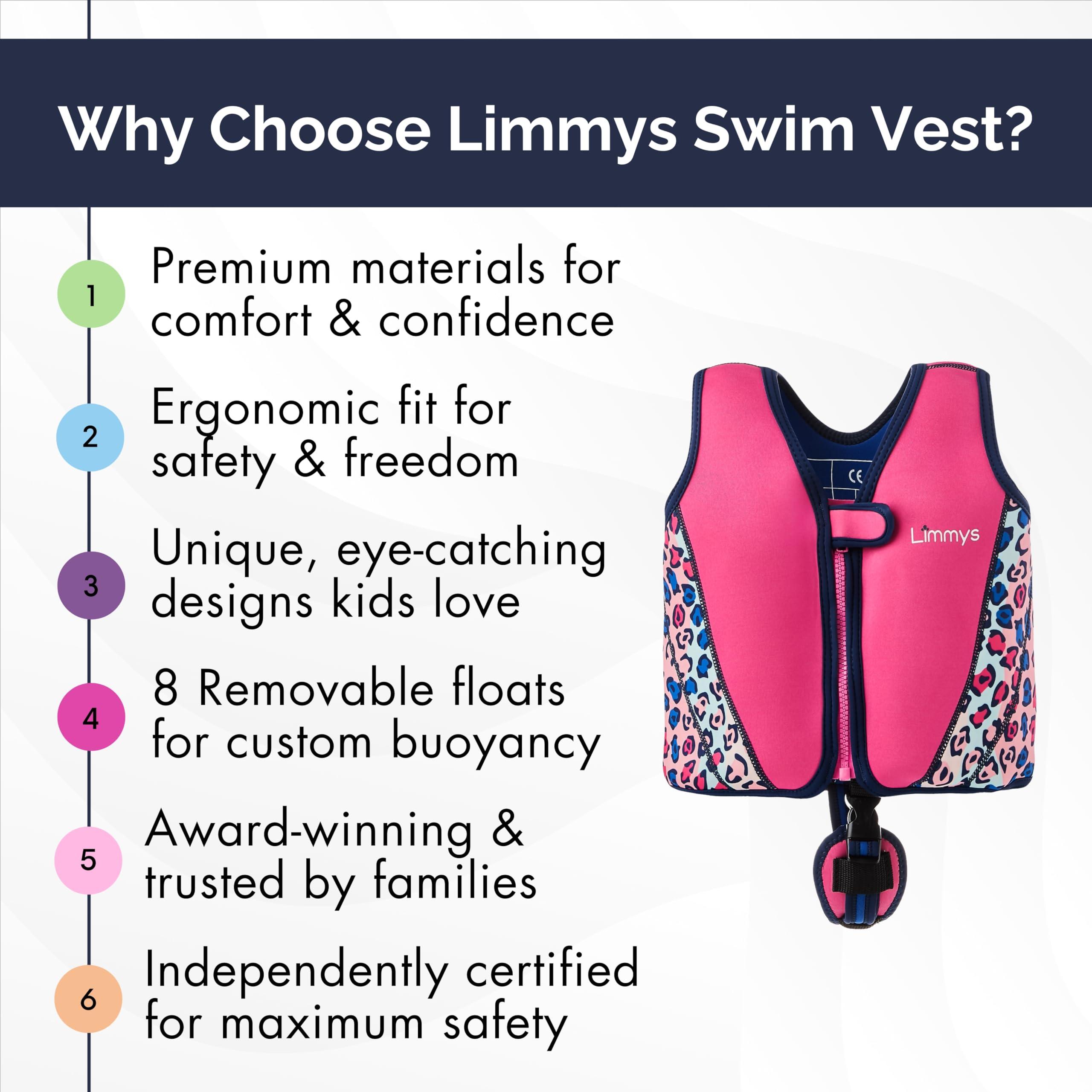 Limmys Limmys Premium Kids Swim Vest - Toddler Swim Jacket and Buoyancy Swimming Aid - Modern Design Swimming Vest for Boys, Girls and Babies - Drawstring Bag Included (Pink Leopard, Large)