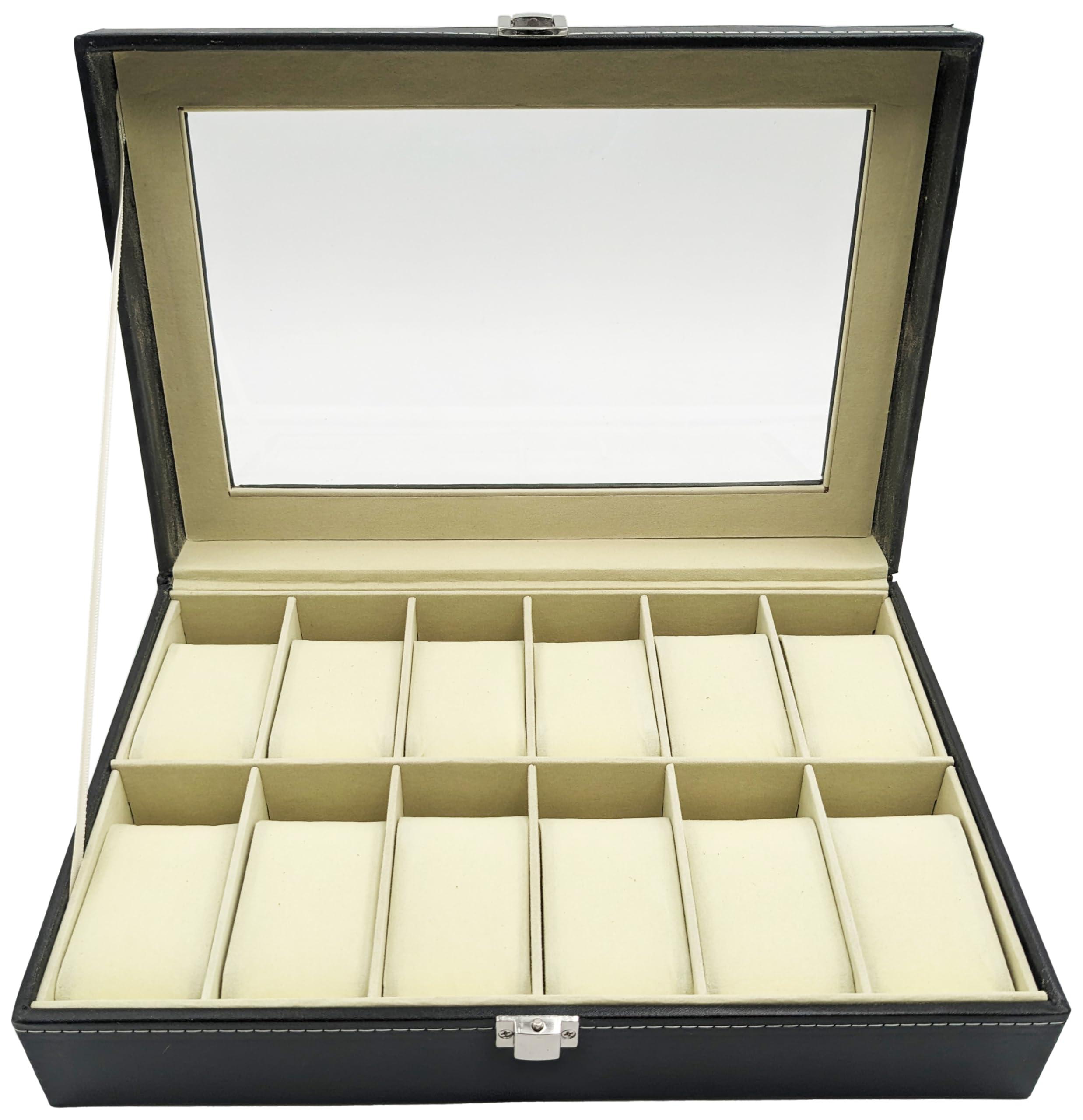 Science Purchase SciencePurchase Watch Box Large 12 Mens Black Leather Display Glass Top Jewelry Case Organizer