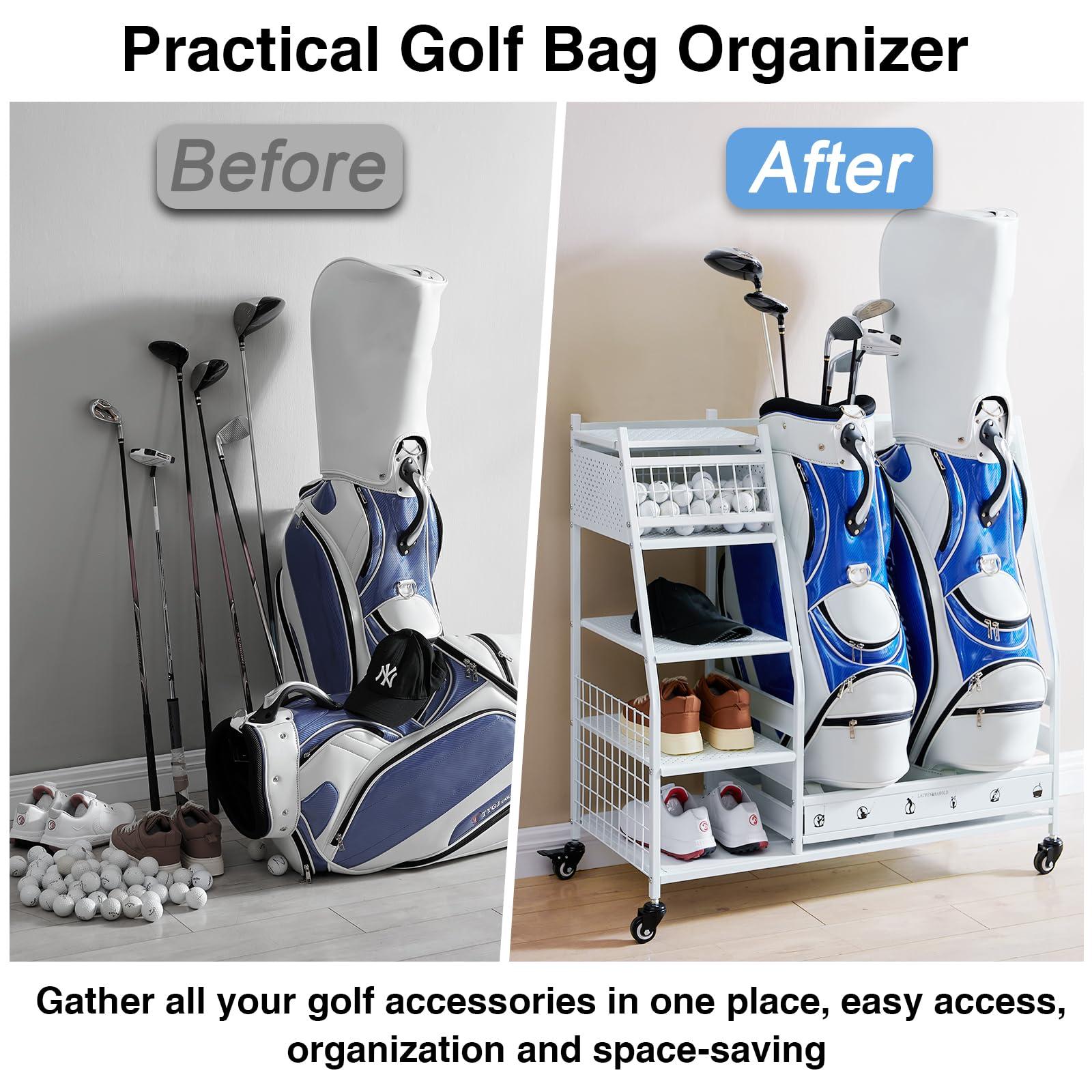 Lauren Harold Lauren&Harold Golf Bag Organizer - Fits 2 Bags, Clubs & Accessories - Garage, Shed, Basement Storage, White