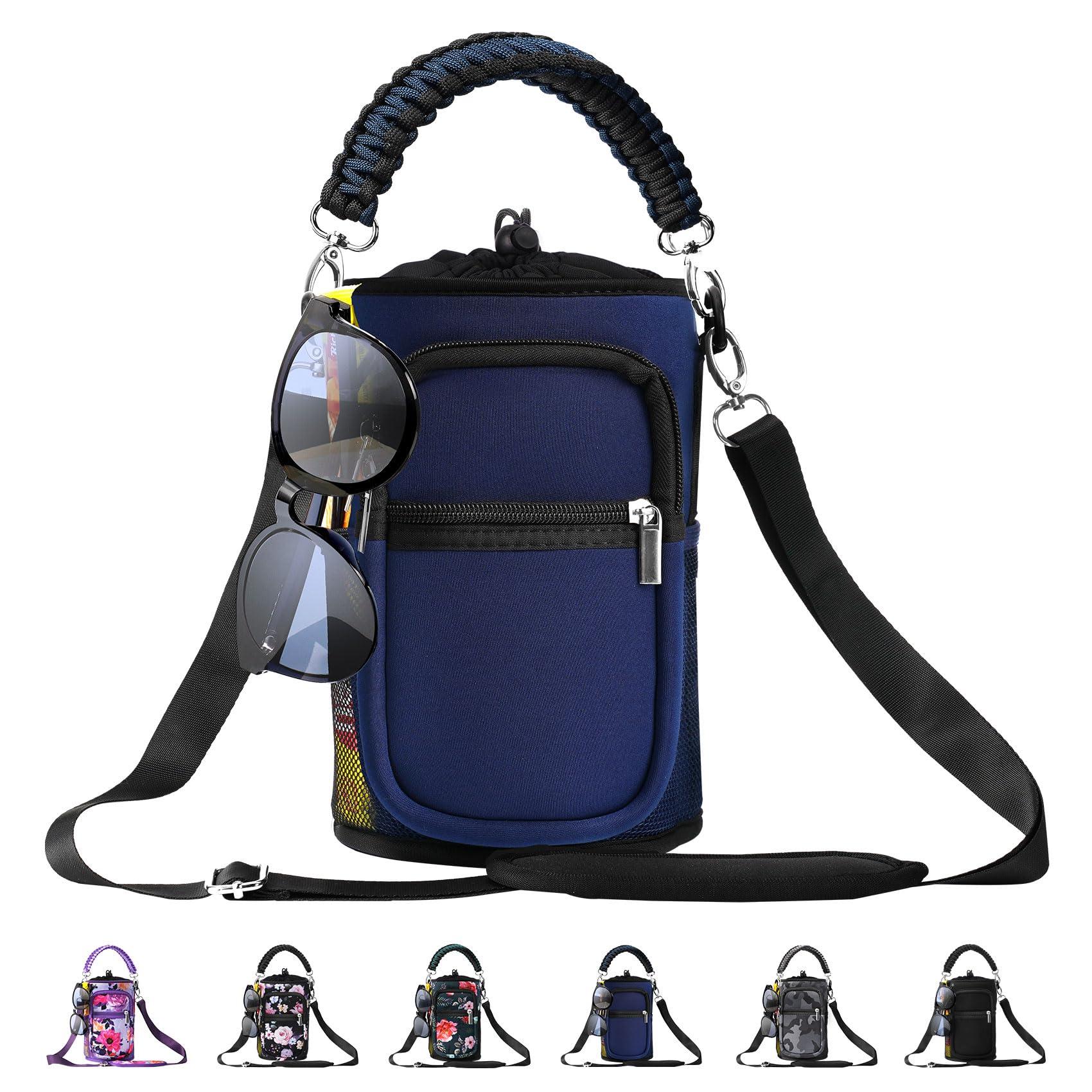 AceTreker AceTreker 64/128 oz Water Bottle Carrier Bag, Insulated Half Gallon Water Bottle Sleeve with 5 pocket, Sport Water Flask with Paracord Handle and Shoulder Strap for Walking Hiking Camping Gym-Navy