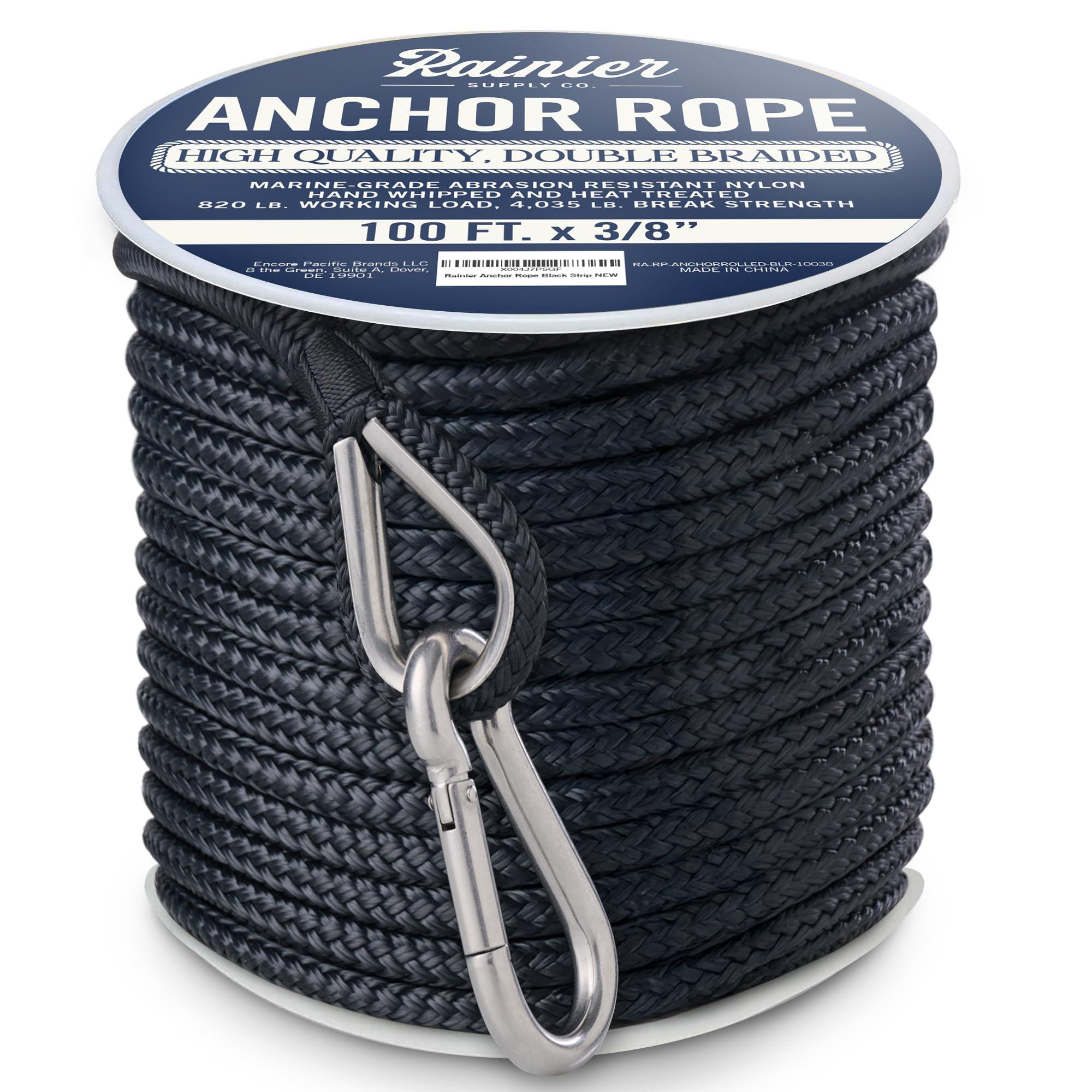 Rainier Supply Co Rainier Supply Co. Boat Anchor Line - 100 ft x 3/8 inch Anchor Rope - Double Braided Nylon Anchor Boat Rope with 316SS Thimble and Heavy Duty Marine Grade Snap Hook - Black