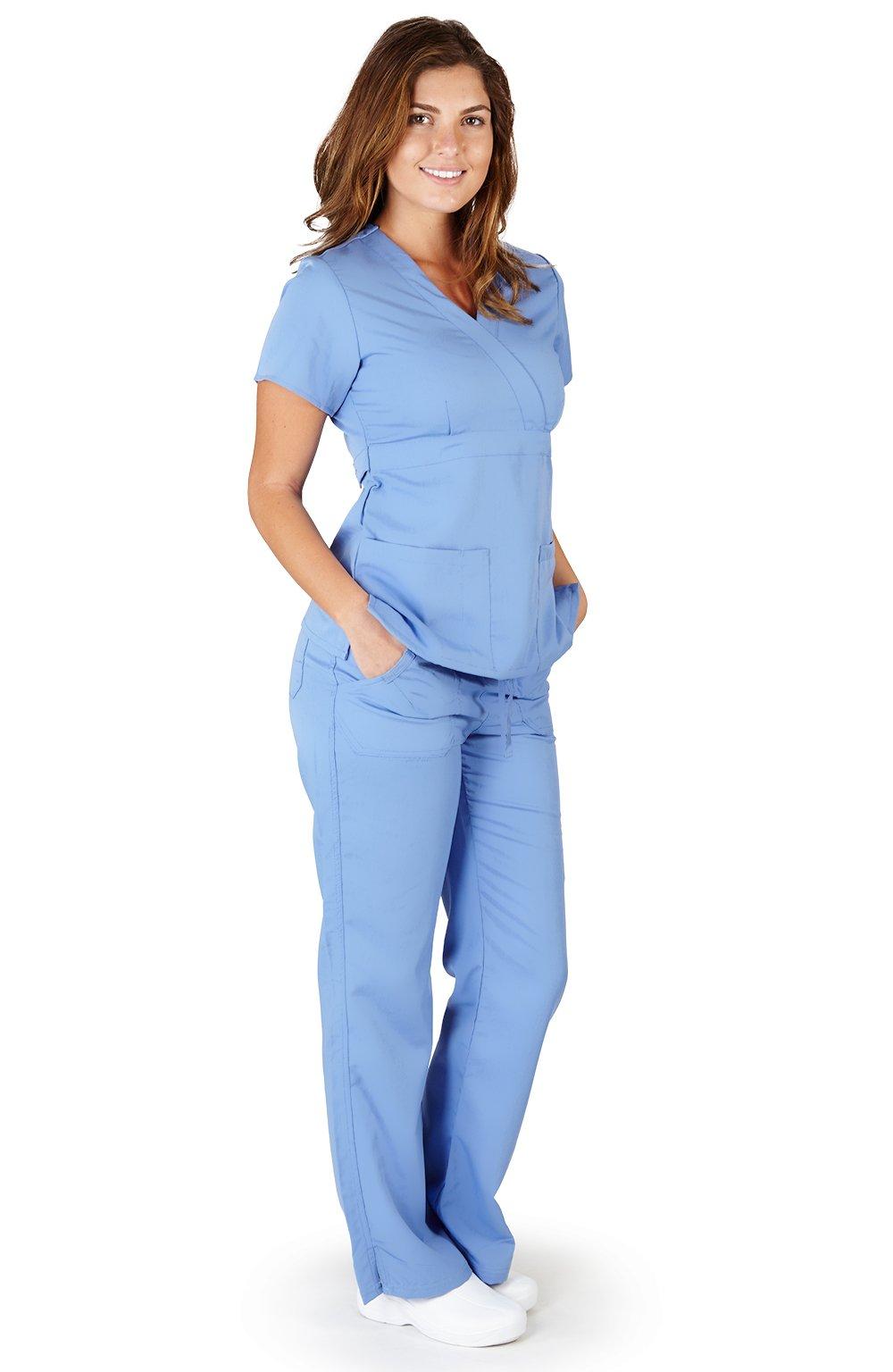 ULTRASOFT SCRUBS Ultra Soft Brand Scrubs - Premium Womens Junior Fit 3 Pocket Mock Wrap Scrub Set, Ceil Blue 37904-Small
