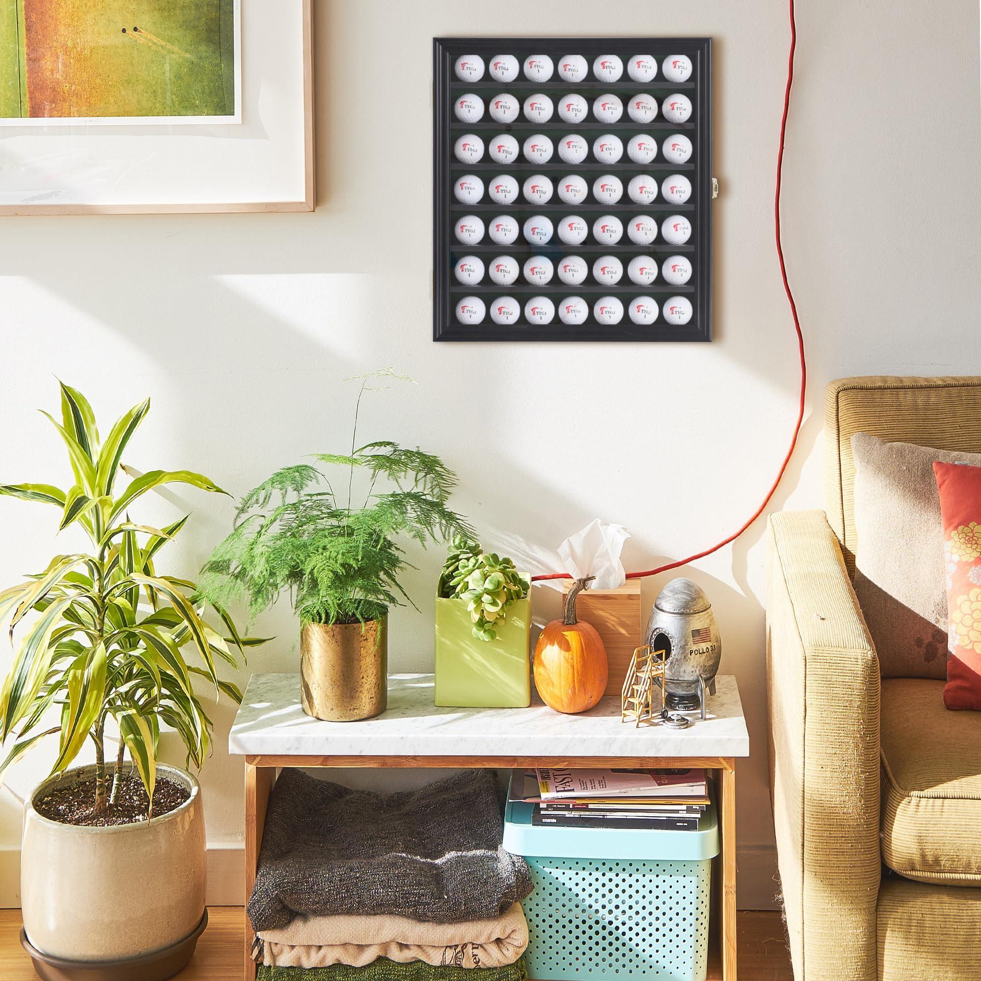 DisplayGifts DisplayGifts 49 Golf Ball Display Cabinet Stand Storage Wall Mounted 7 Shelves Display Case Shadow Box with Lockable Glass Door, Great Gift (49 Ball Holder, Black Finish)