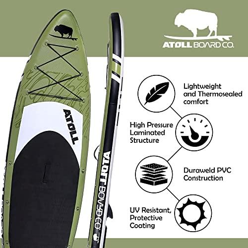 Atoll Atoll Inflatable Paddle Board with Premium SUP Stand Up Paddle Board Accessories & Back Pack, Non-Slip Comfort Deck for Unisex Adult - 11ft (Army Green)