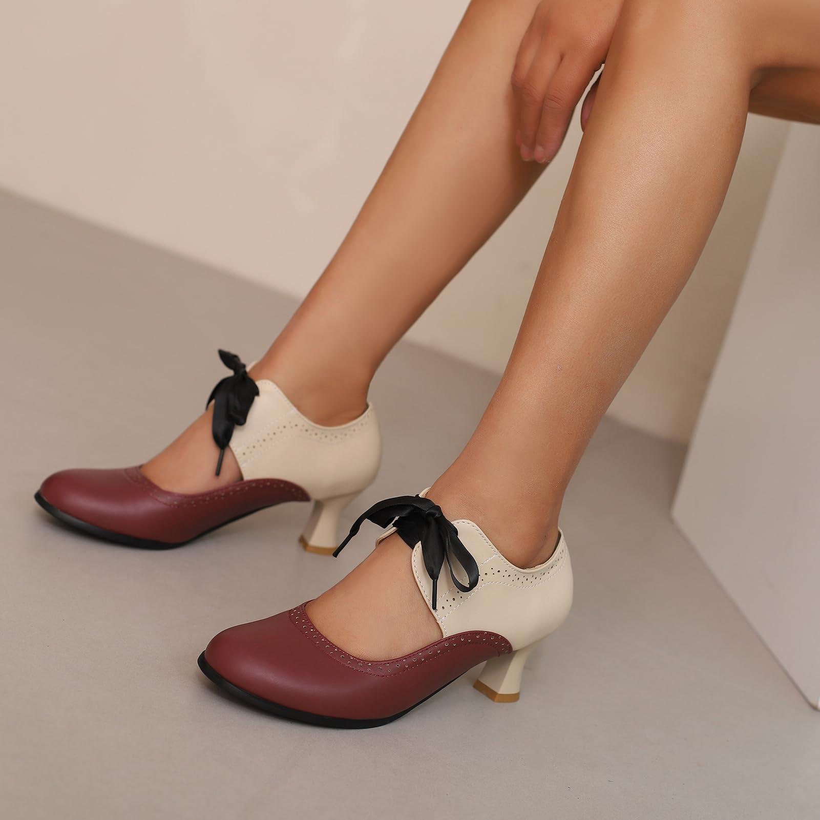 AlureAbys AlureAbys Women Vintage Mary Jane Shoes 50s Low Kitten Heels Round Toe Two Tone Lace up Wingtip Shoes Cut Out Women's Dress Pumps Red Size 36