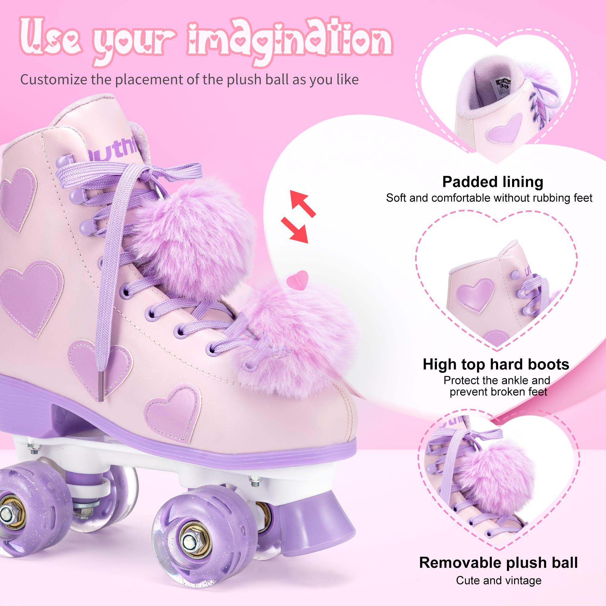 Ruthfot Ruthfot Women's and Girl's Classic Roller Skates with Light up Wheels and Love Heart Pattern, High-top PU Leather Rollerskates