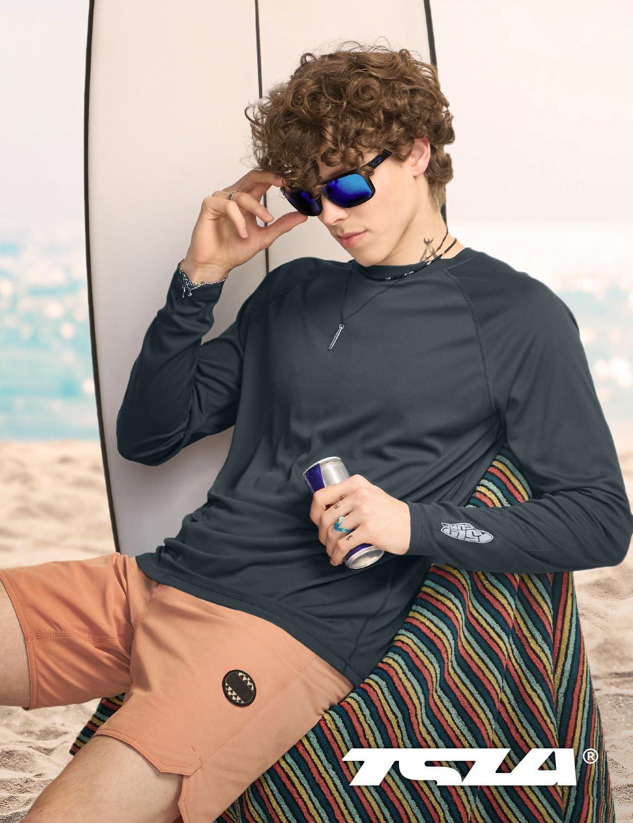 TSLA TSLA Men's Rashguard Swim Shirts, UPF 50+ Loose-Fit Long Sleeve Shirts, Cool Running Workout SPF/UV Sun Shirts, Flow Charcoal, Large