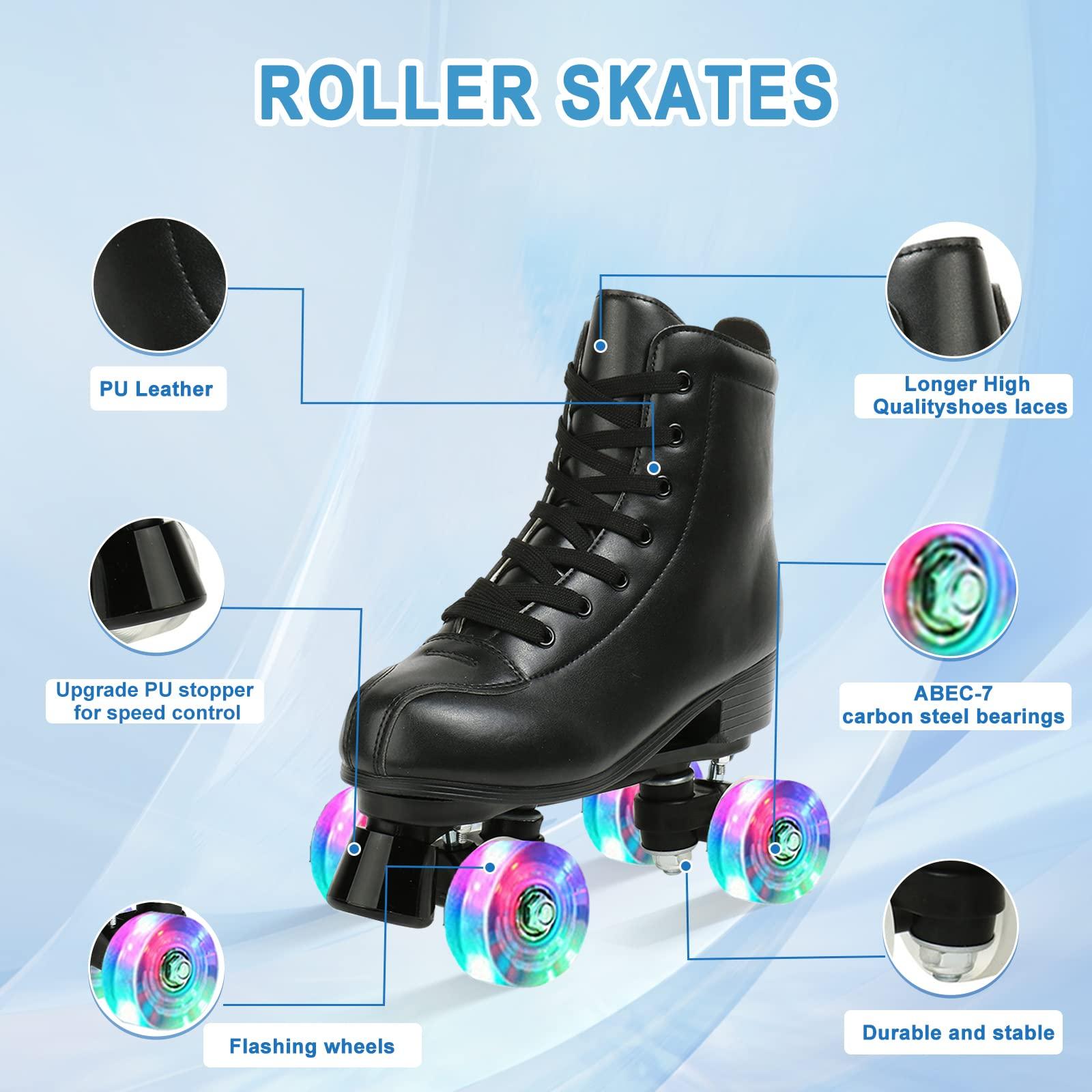 jessie jessie PU Leather Roller Skates Roller Skates for Women Outdoor and Indoor Adjustable Four-Wheel Premium Roller Skates for Women Men Boys and Girls (Flash Wheel,Youth 2)