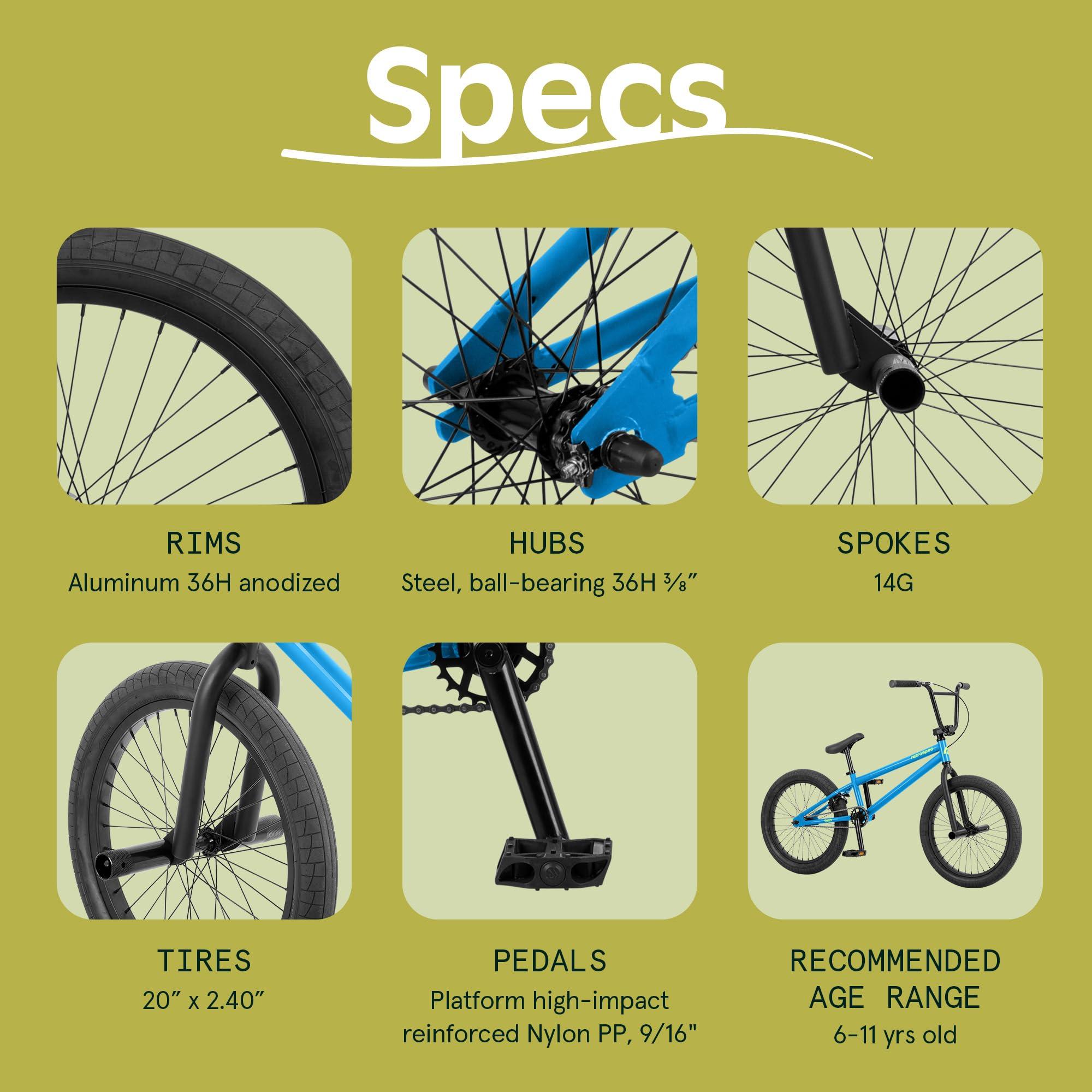 Retrospec Retrospec Sesh BMX Bike for Kids - 20in Freestyle Bicycle with Pro-Level Features, Removable Axle Pegs & U-Brake - Durable Steel Frame Youth Bike with Shock-Absorbing Tires for Ages 6-15