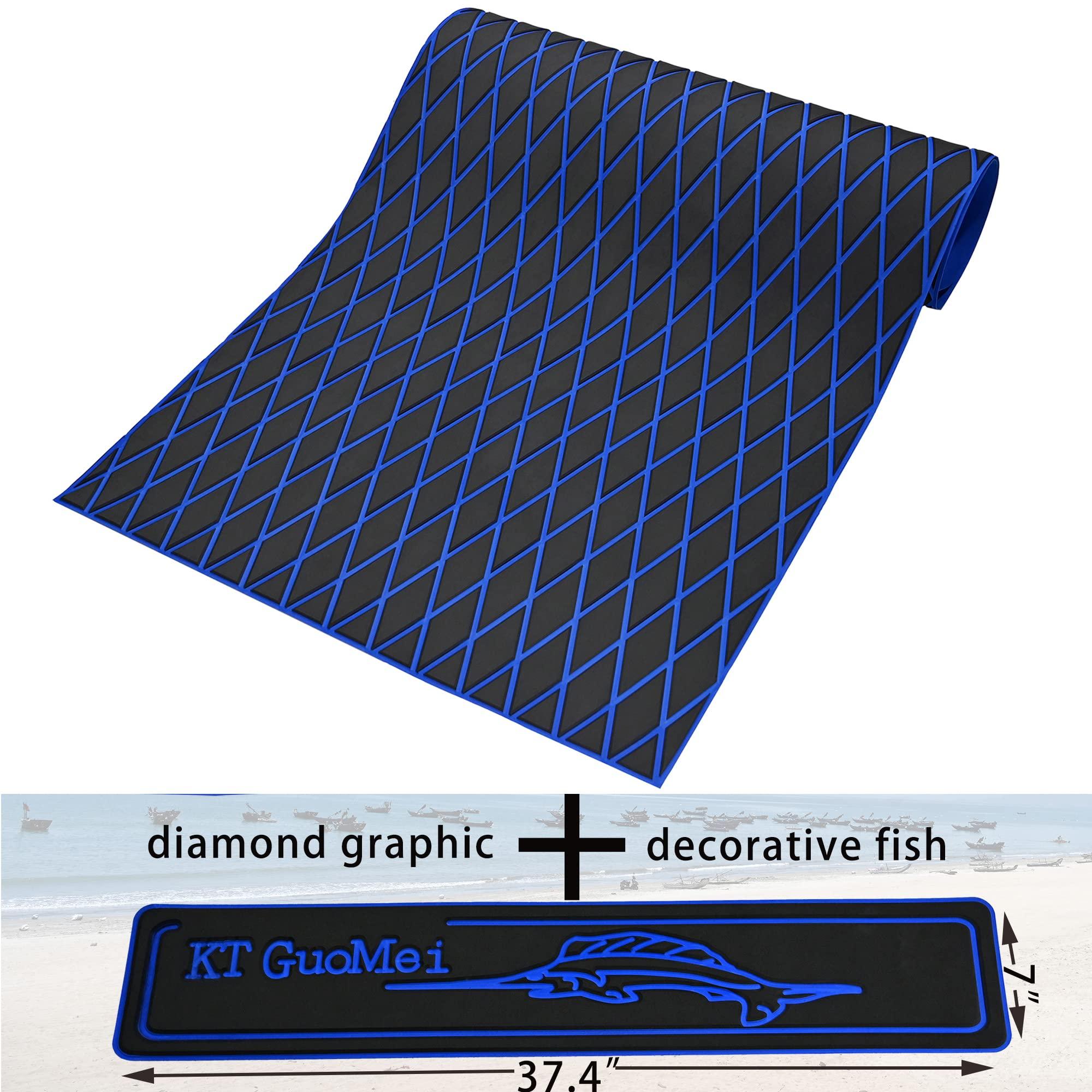 KT GuoMei KT GuoMei 94.5\" 37.8\" EVA Foam Boat Decking Sheet Faux Teak Decking Self-Adhesive Marine Yacht RV Swimming Pool Boat Flooring Motorboat Non-Skid (Dark Gray and Blue Stripes)