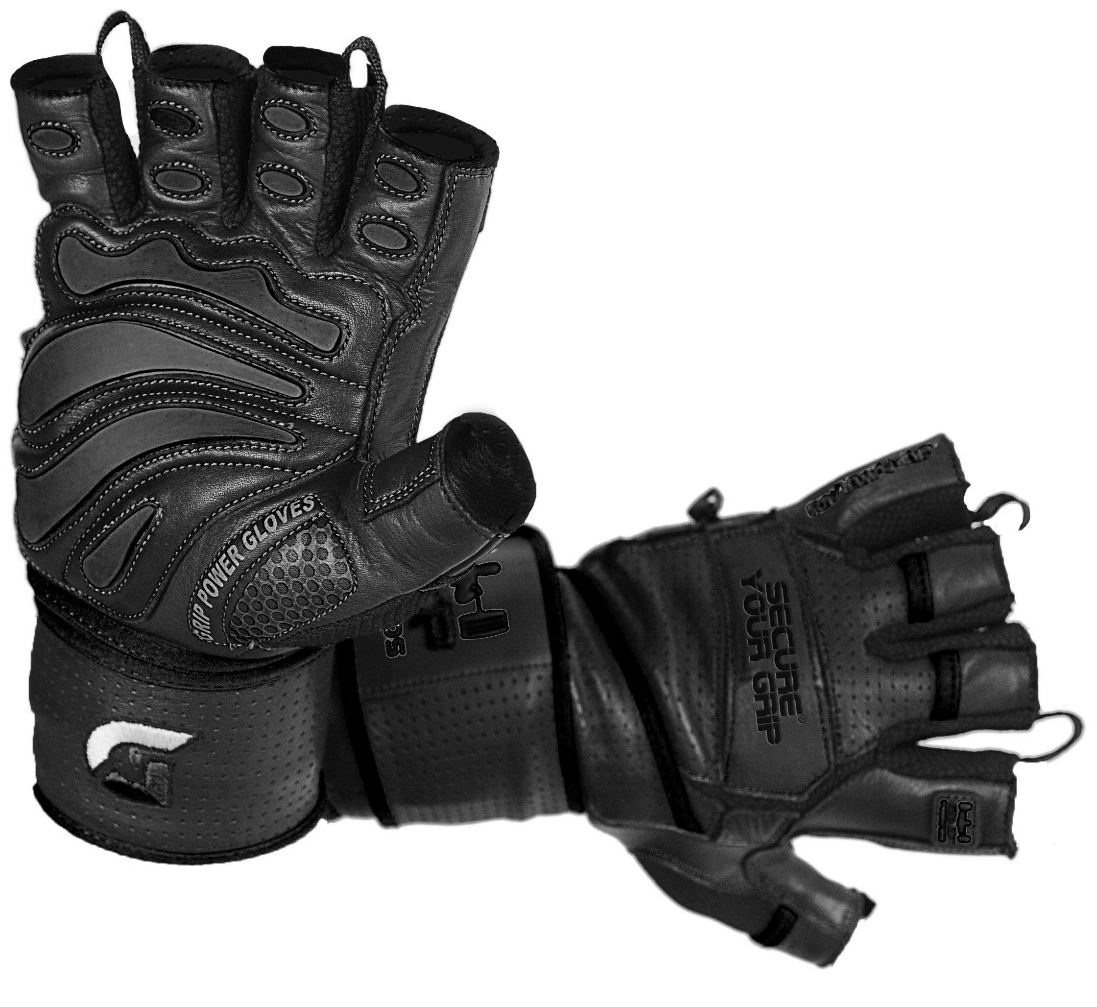 Grip Power Pads Elite Leather Gym Gloves with Built in 2" Wide Wrist Wraps Best Leather Glove Design for Weight Power Lifting Bodybuilding & Strength Training Workout Exercises (Black, Large)