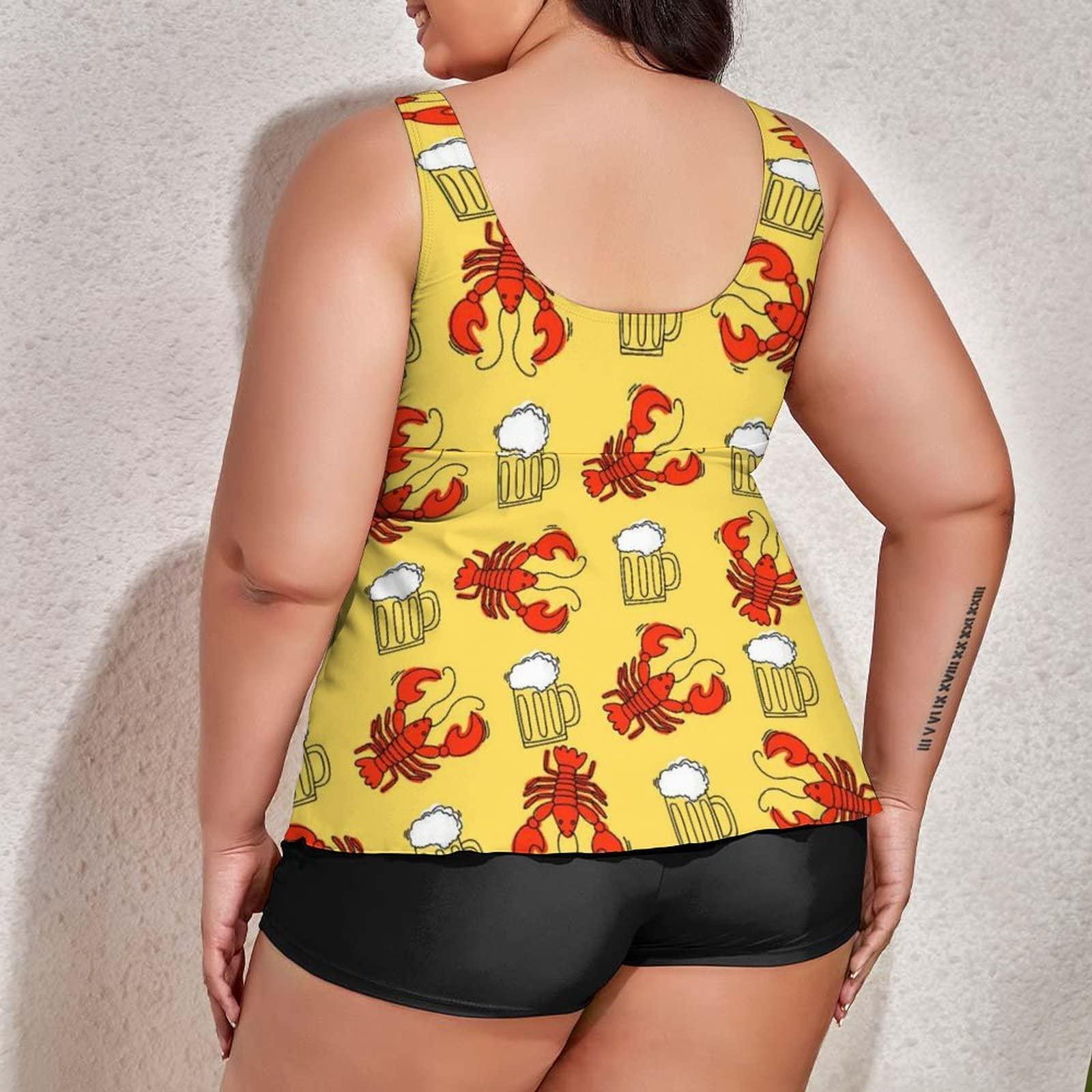 BAIKUTOUAN BAIKUTOUAN Beer and Crawfish Plus Size Swimsuit for Women Two Piece Bathing Suit Printed Swimwear
