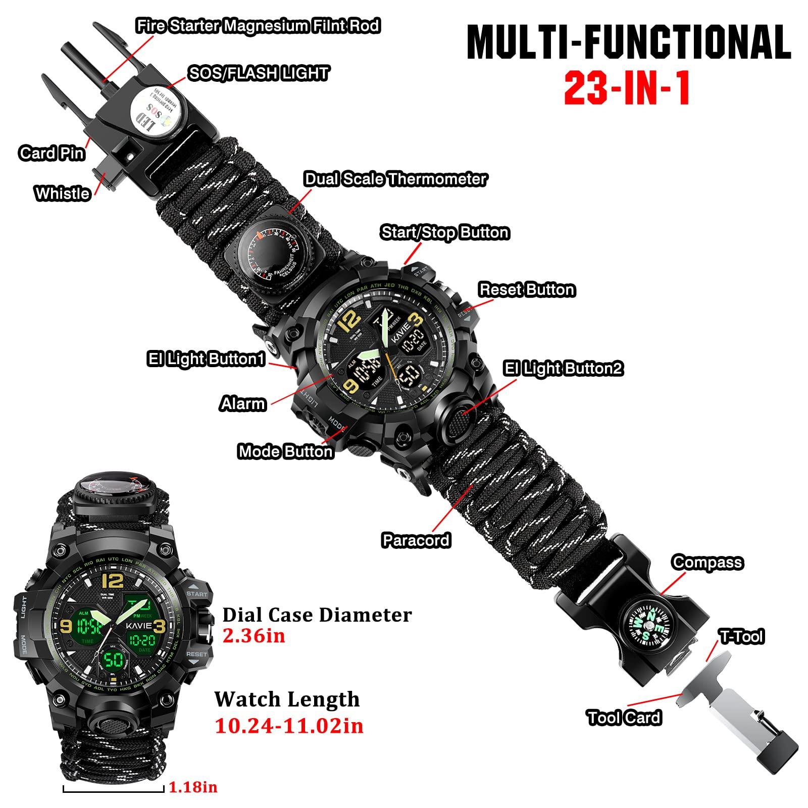 Smilkat Smilkat 23-in-1 Tactical Survival Digital Watch, Men Military Multi-Functional and Adjustable Wristband Outdoor Waterproof Sports Watches with Compass Paracord Black Reflective Band