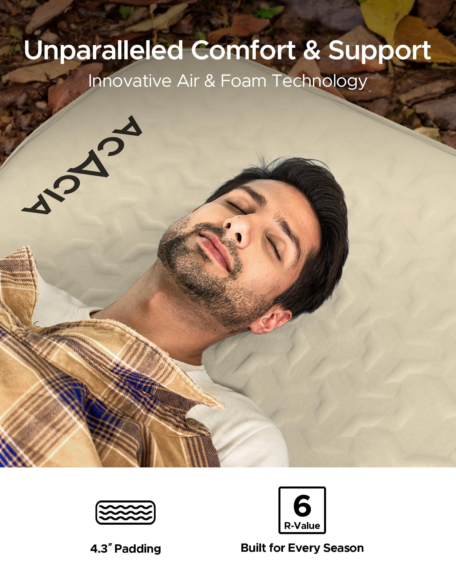 ACACIA Acacia 4.3" Thick Self Inflating Sleeping Pad with Foam, Innovative Y-Shaped Telescopic Structure, Ultraportable Camping Mattress, Outdoor Compact Air Mat for Tent Car Backpacking, Single