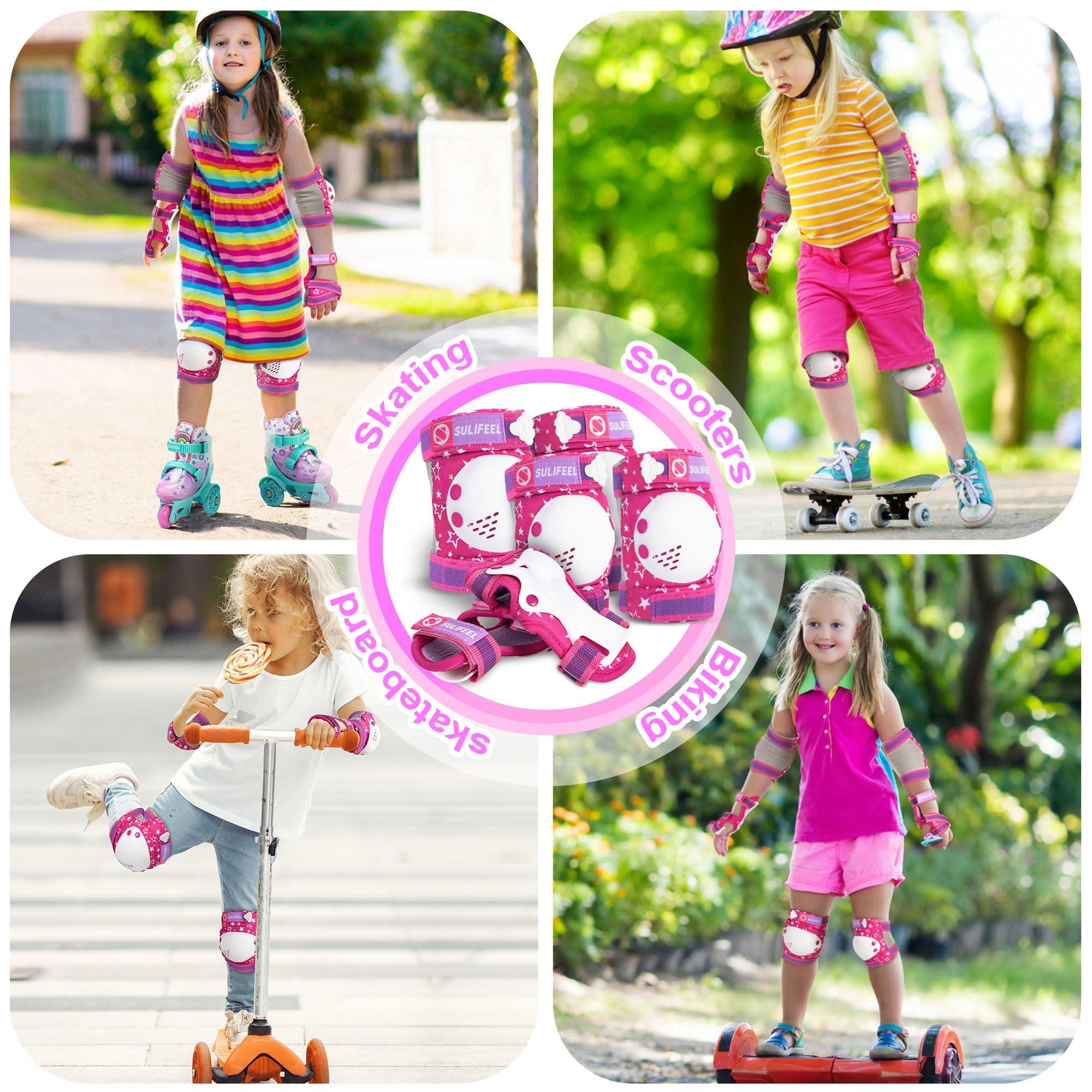 SULIFEEL SULIFEEL Rainbow Unicorn Knee Pads for Kids Knee Elbow Pads Wrist Guards with Drawstring Bag Adjustable Protective Gear Set for Girls Roller Skating Bike Cycling Skateboard Scooter Rose Red Small