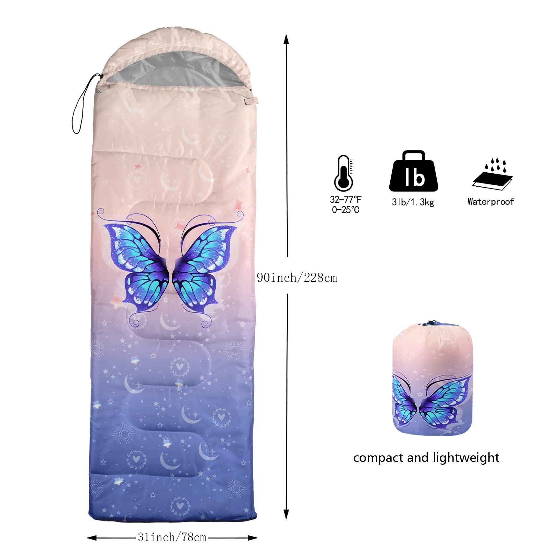 BSNTHO BSNTHO Blue Butterfly Printed Camping Sleeping Bags,3 Season Warm & Cool Weather,Lightweight, Sleeping Bags for Adults & Kids,Traveling,and Outdoors,Camping Gear Equipment,31x90inch,Standard