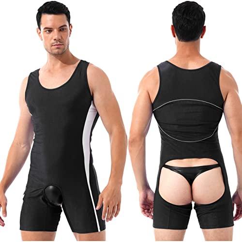 Linjinx Linjinx Men\'s Spandex Slim Fit Open Crotchless Wrestling Singlets Leotard Underwear Jumpsuits Black X-Large