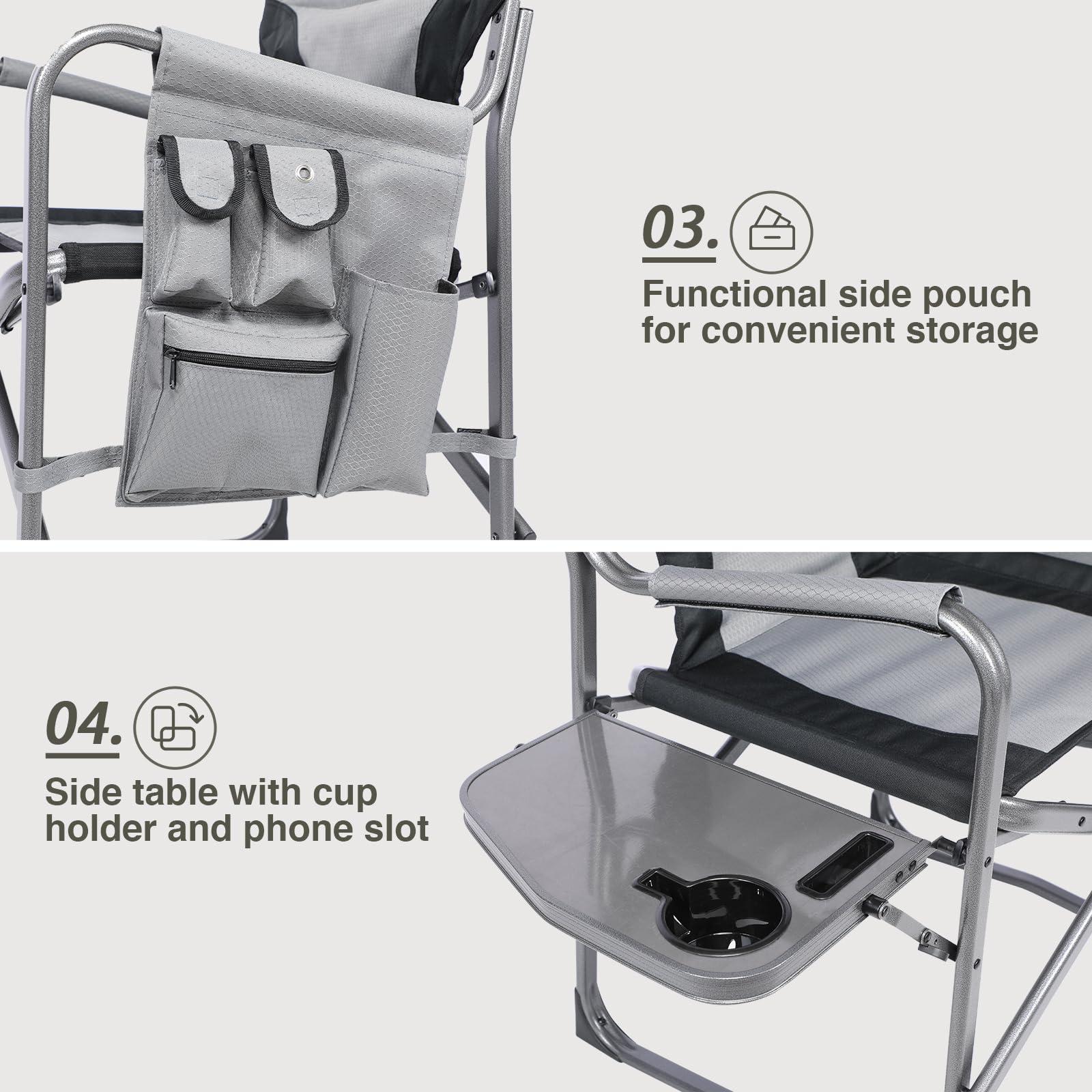 EVER ADVANCED EVER ADVANCED Lightweight Oversized Folding Camping Chairs Outdoor, Aluminum Directors Chair with Side Table and Storage Pouch, Heavy Duty Supports 350LBS (Grey/Black)