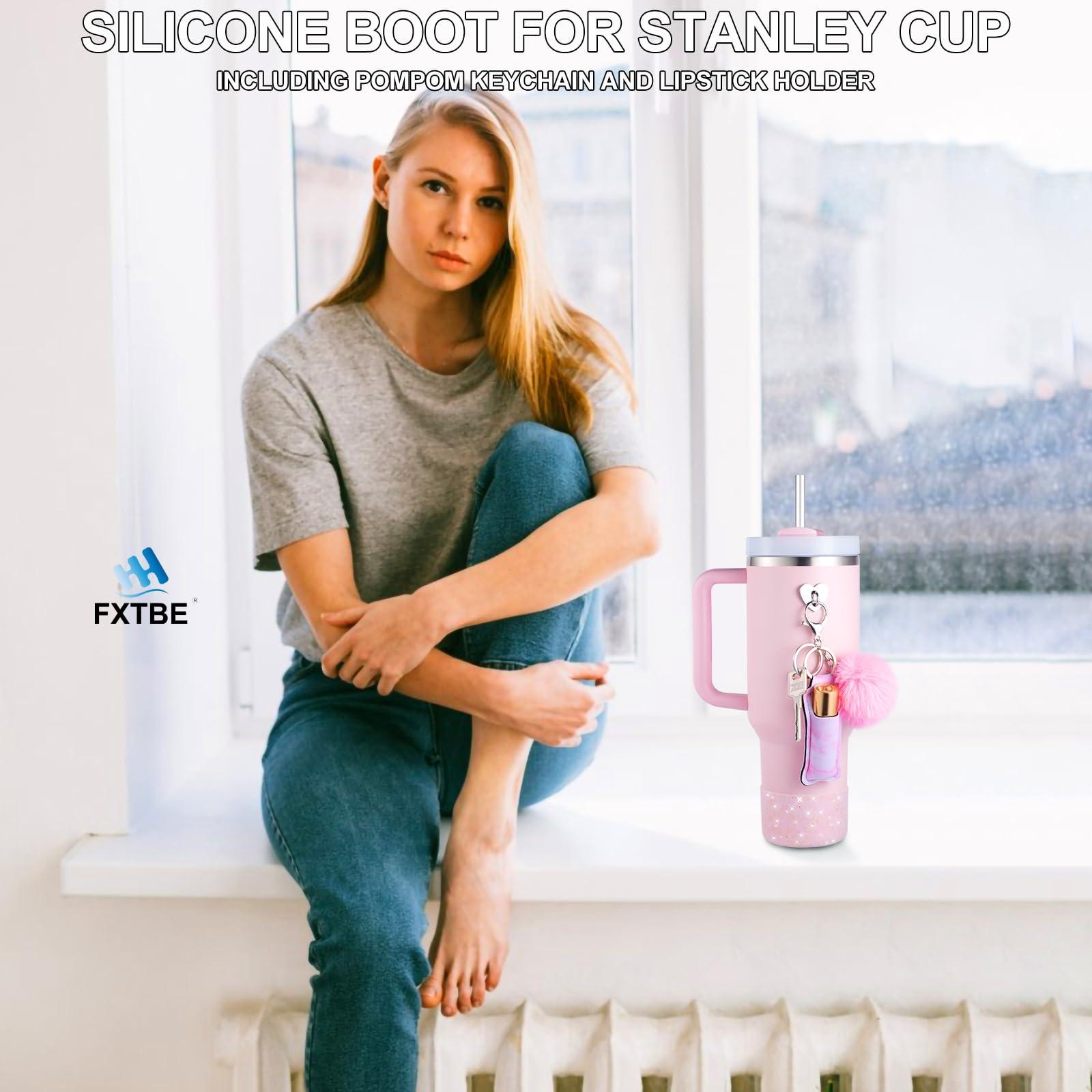 FXTBE FXTBE Silicone Boot for Stanley Cup 40 OZ, Glitter Boots for Stanley Quencher 30 20 OZ, Bottom Cover for Hydroflask 40-12 OZ, Pom Keychain, Lipsticker Holder for Stanley Cup Accessories