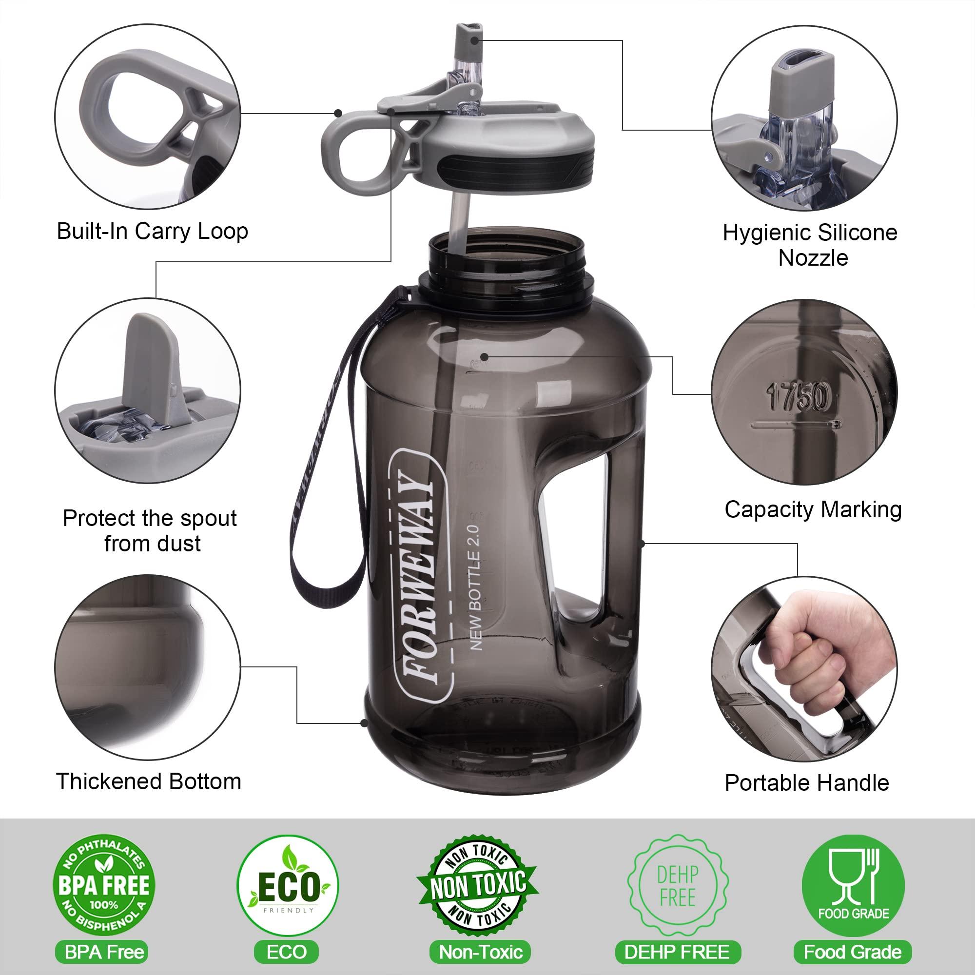 FORWEWAY FORWEWAY Half Gallon Water Bottle with Straw Leakproof Large Sports Water Bottle with Handle 2L/74oz BPA Free Water Jug for Camping Hiking (2.2L, Black)