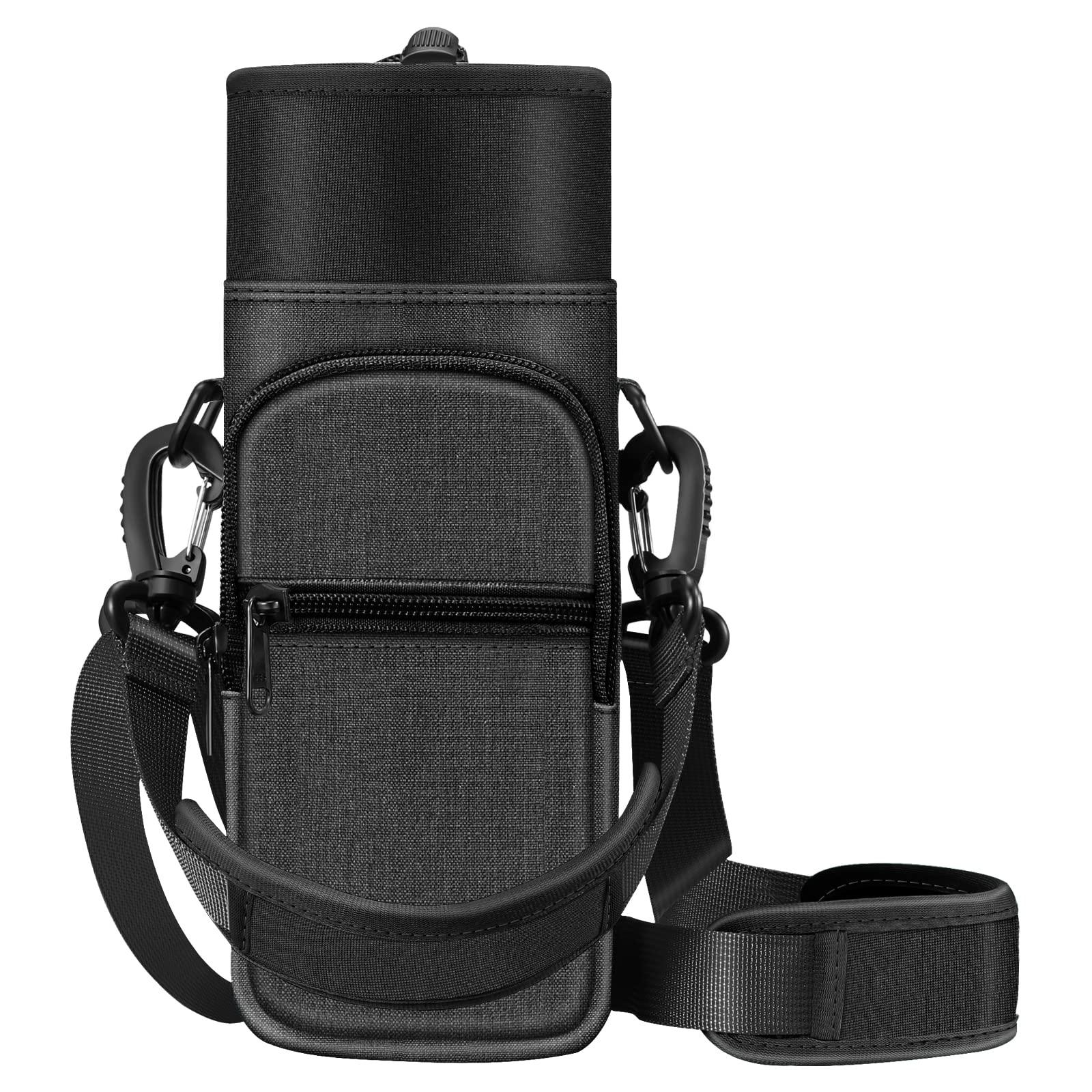 CaseBot CaseBot Water Bottle Carrier Bag Sling Case, Sports Water Bottle Pouch Holder Sleeve with Adjustable Shoulder Hand Strap and 2 Pockets for Men Women Hiking Camping Travelling, Black