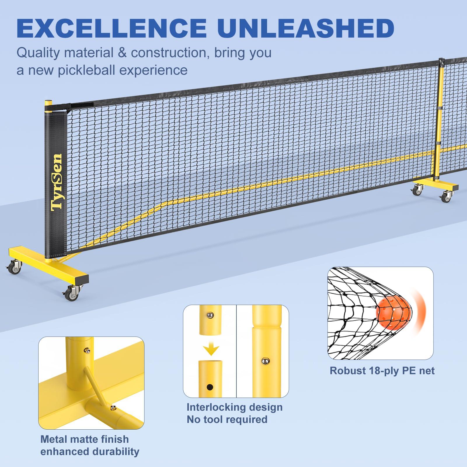 TYRSEN TYRSEN Pickleball Net Set - Pickleball Net on Wheels for Driveway Backyard, 22FT Regular Size, 4 Pickleball Paddles & 6 Balls, 12 Court Markers, 1 Carry Bag, Pickleball Set for Indoor Outdoor Play