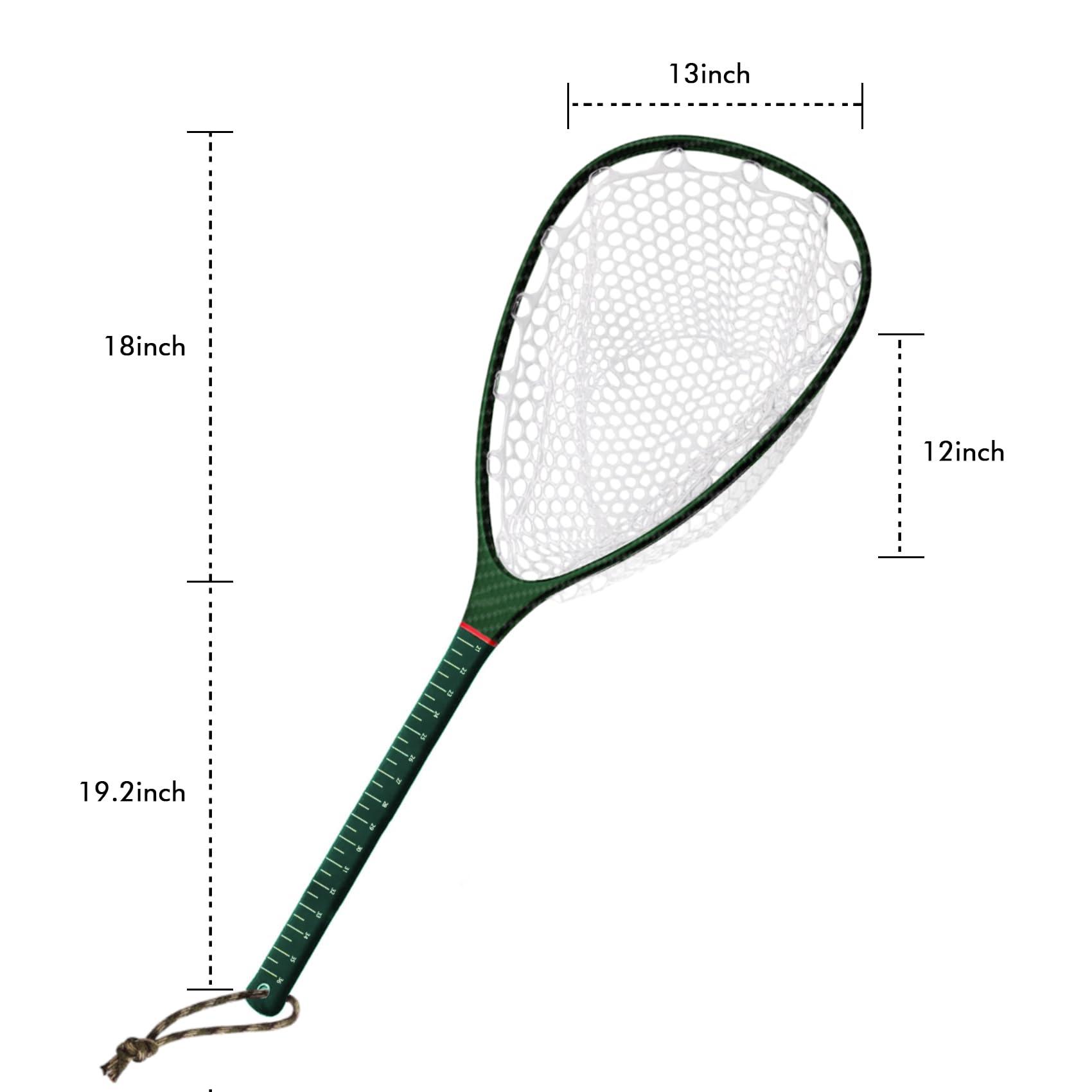 Riverruns Riverruns Carbon Fiber Landing Net - Fly Floating Fishing Net with Soft Rubber Trout Net and Measuring Lines on The Handle - Lightweight and DurableLong Handle/Green/Carbon Pattern