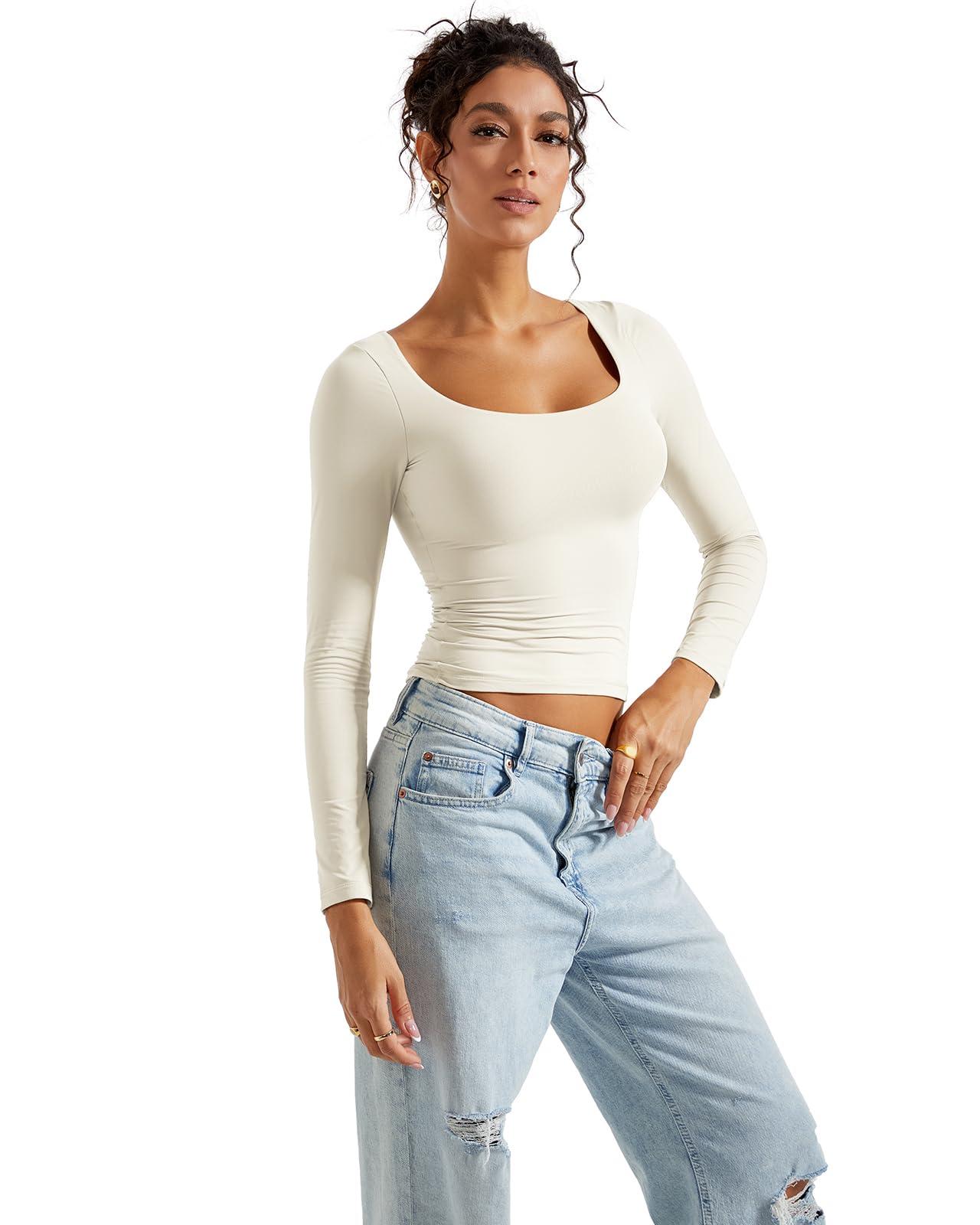 SUUKSESS SUUKSESS Women Double Lined Fitted Basic T Shirts Scoop Neck Long Sleeve Crop Top (White, S)