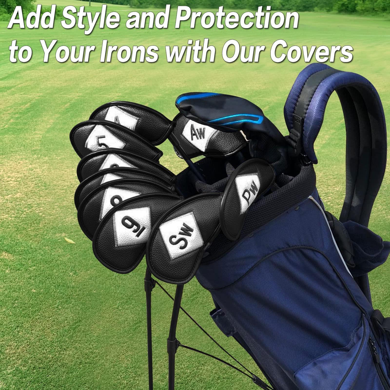 FINGER TEN FINGER TEN Golf Iron Head Covers Value 8/11/12 Piece Set, Synthetic Leather Deluxe Club Headcover, Universal Fit Main Iron Clubs Gift Set (Both Side-Black)