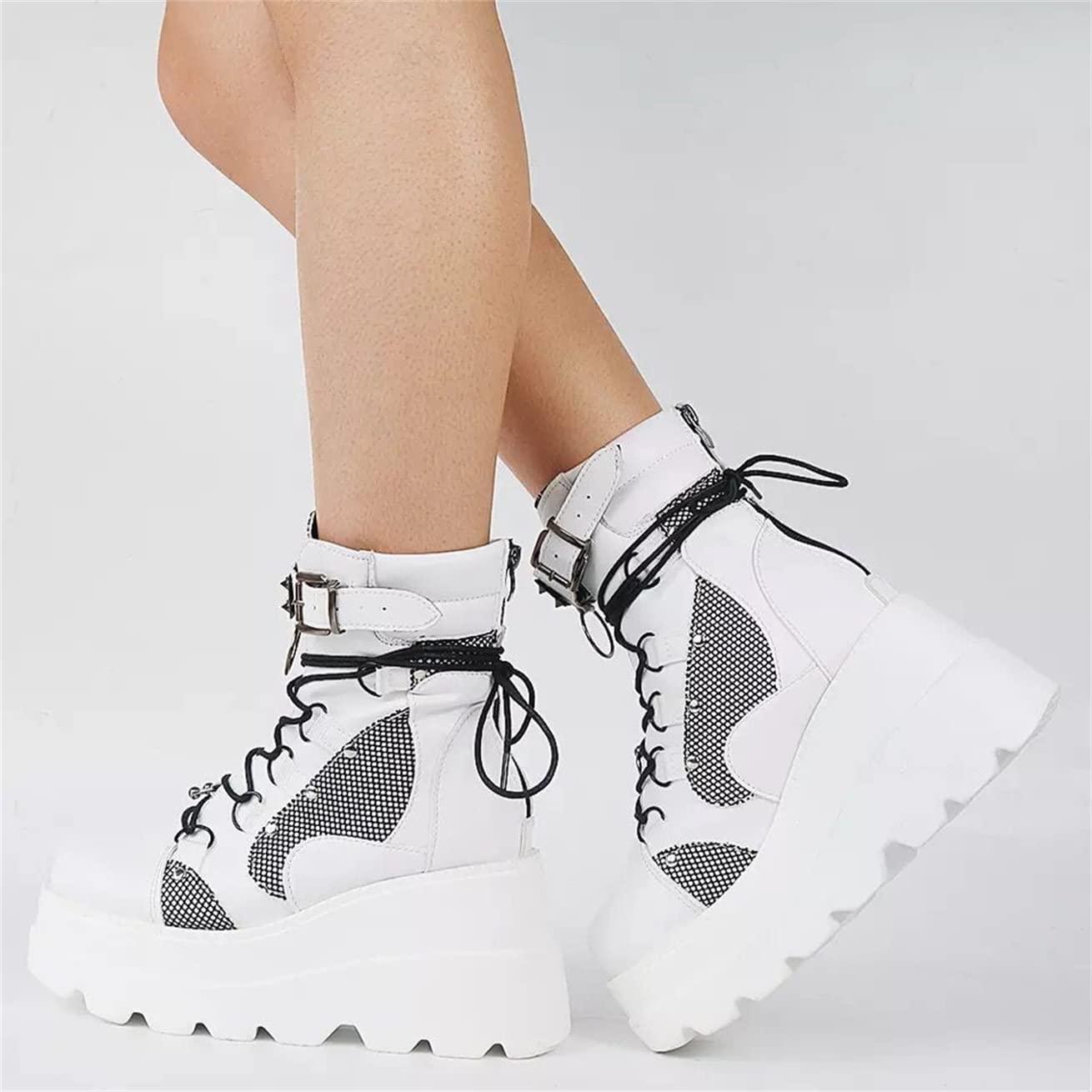 ZBYY ZBYY Women's Combat Ankle Boots Zipper Lace Up Chunky Military Platform Shoes Wedge Heel Studded Goth Mid Calf Combat Booties